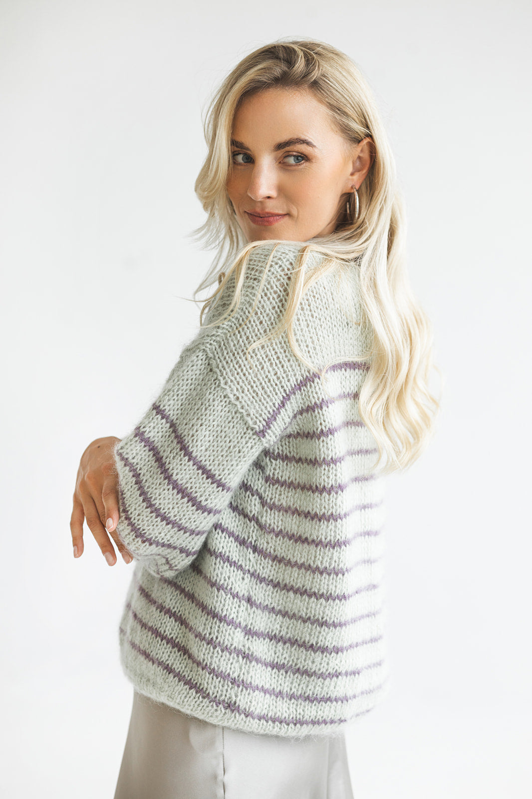 Striped pastel mint and purple mohair sweater, cable knit alpaca wool blend woman jumper, chunky slightly oversized fluffy stripes pullover