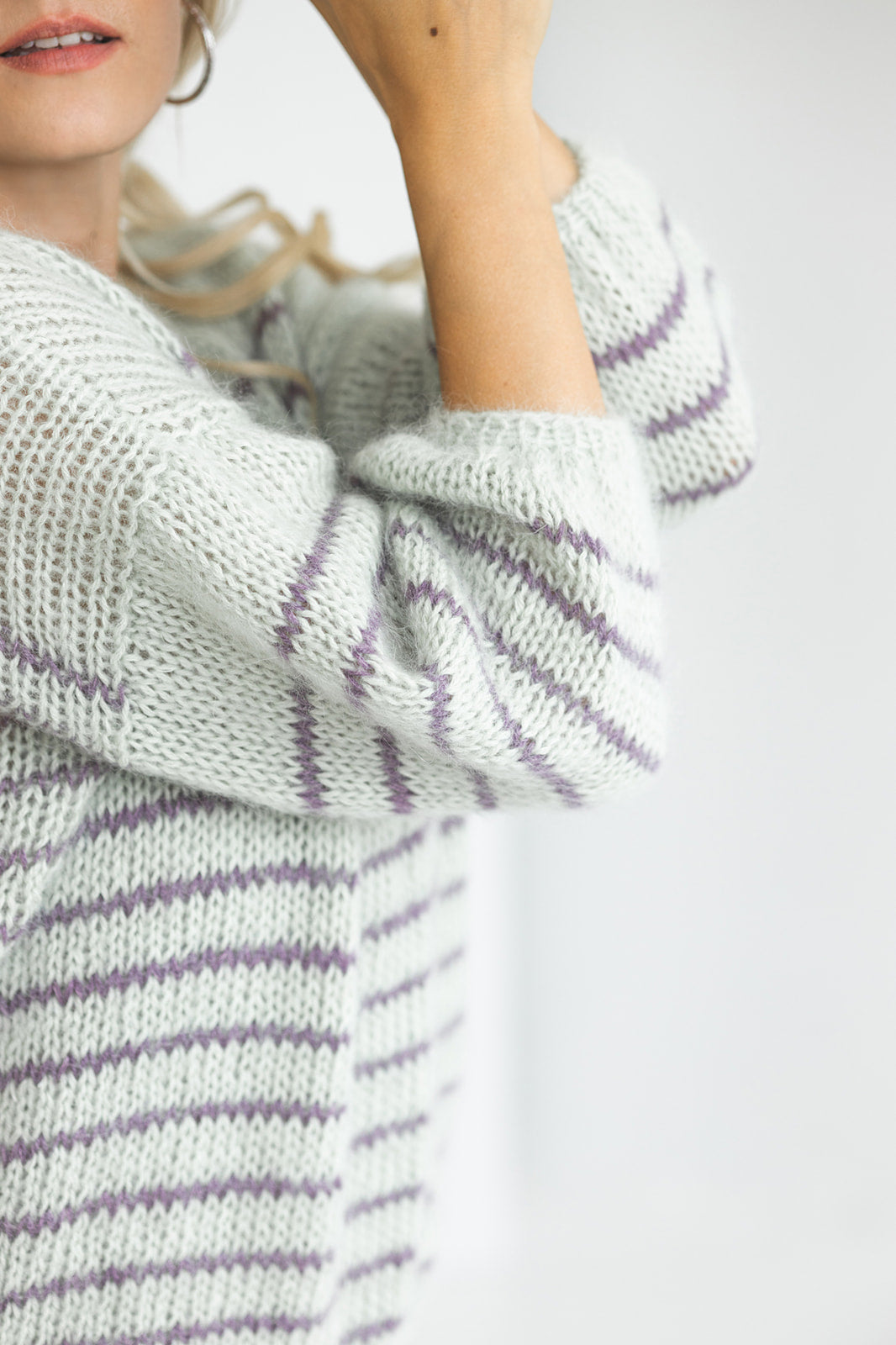 Striped pastel mint and purple mohair sweater, cable knit alpaca wool blend woman jumper, chunky slightly oversized fluffy stripes pullover