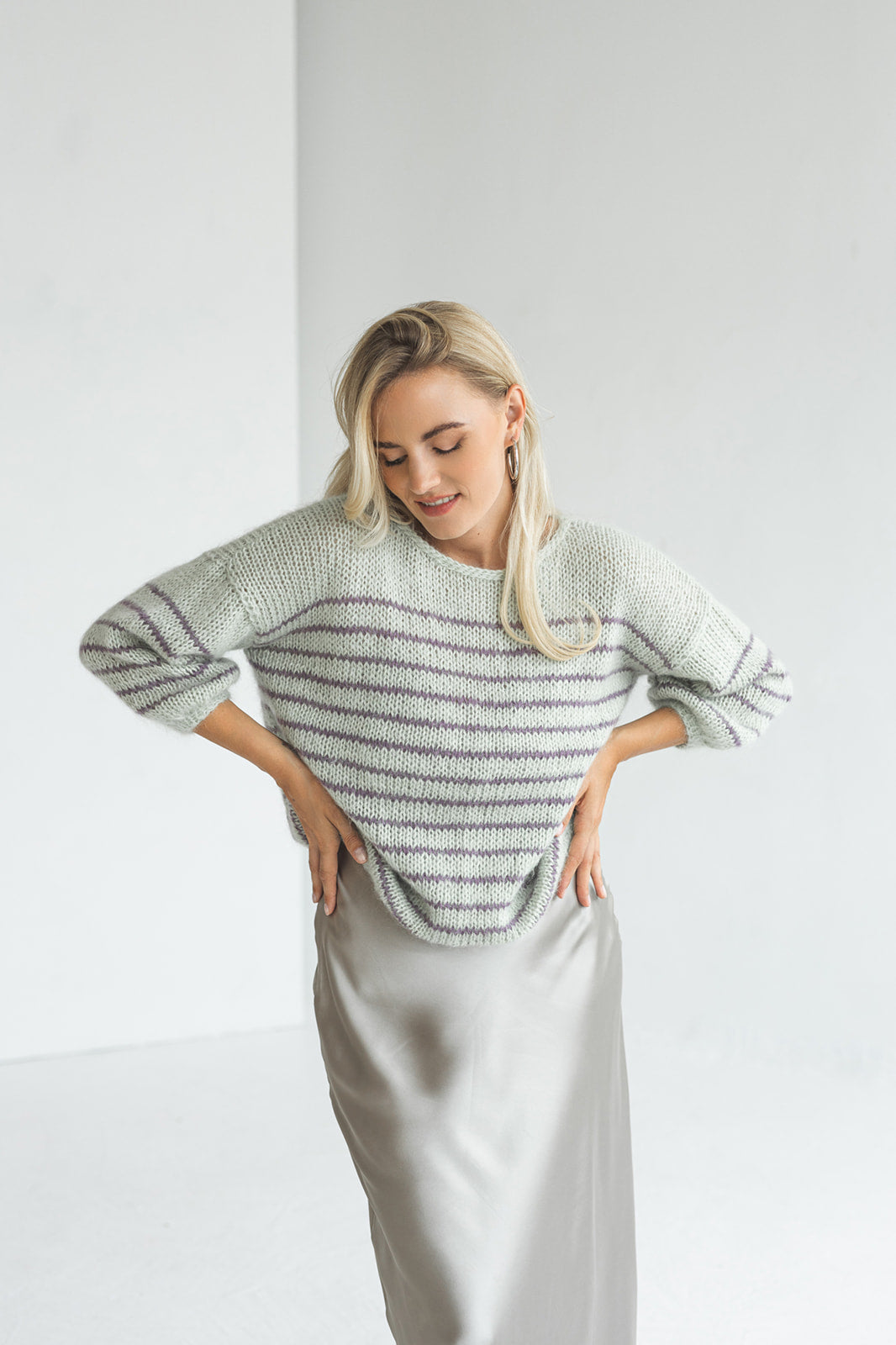 Striped pastel mint and purple mohair sweater, cable knit alpaca wool blend woman jumper, chunky slightly oversized fluffy stripes pullover