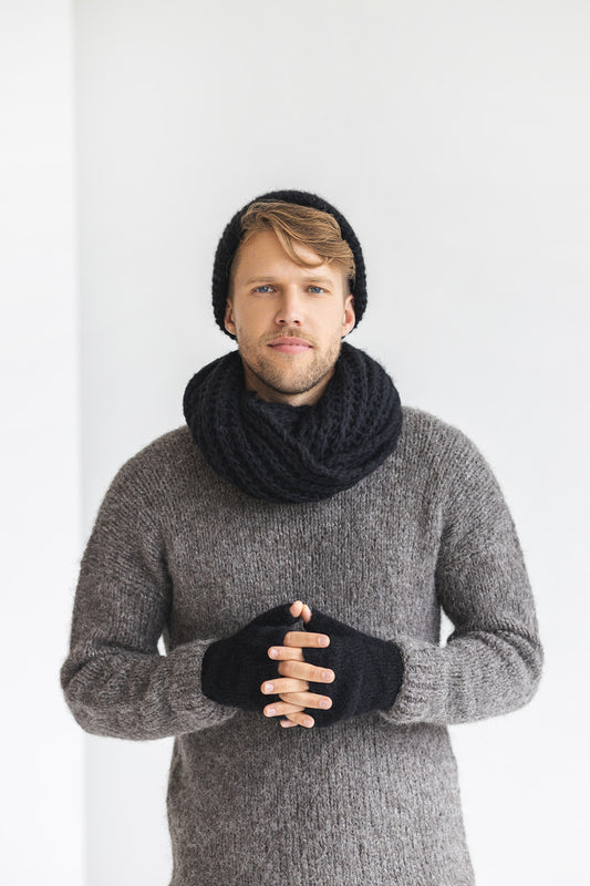 Black knitted fingerless mens mittens, scarf and hat set, cable knit alpaca wool gloves, beanie, neck warmer set, hand made gift for man