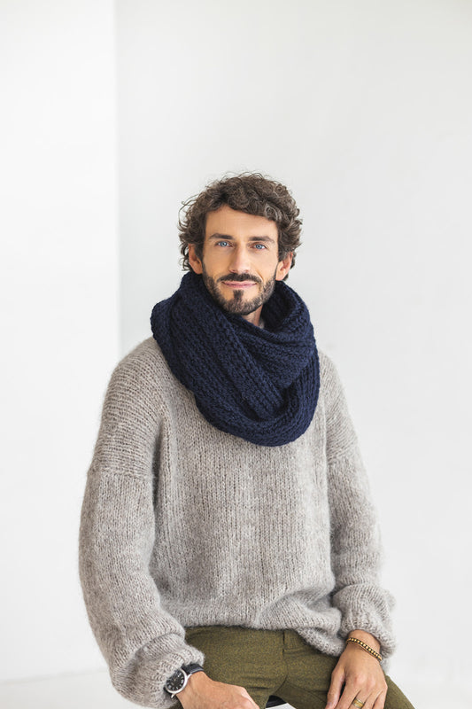 Navy blue super chunky knit alpaca wool men's cowl scarf, infinity loop cable knitted neck warmer for man, dark blue scarves for men, gift