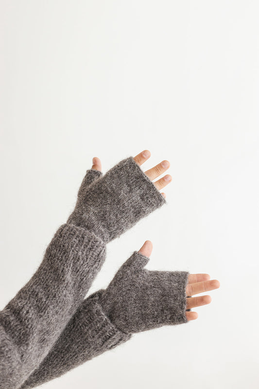 Gray knitted fingerless mens mittens, grey cable knit alpaca wool gloves, pastel winter hand warmers, hand made wrist warmers for man, gift