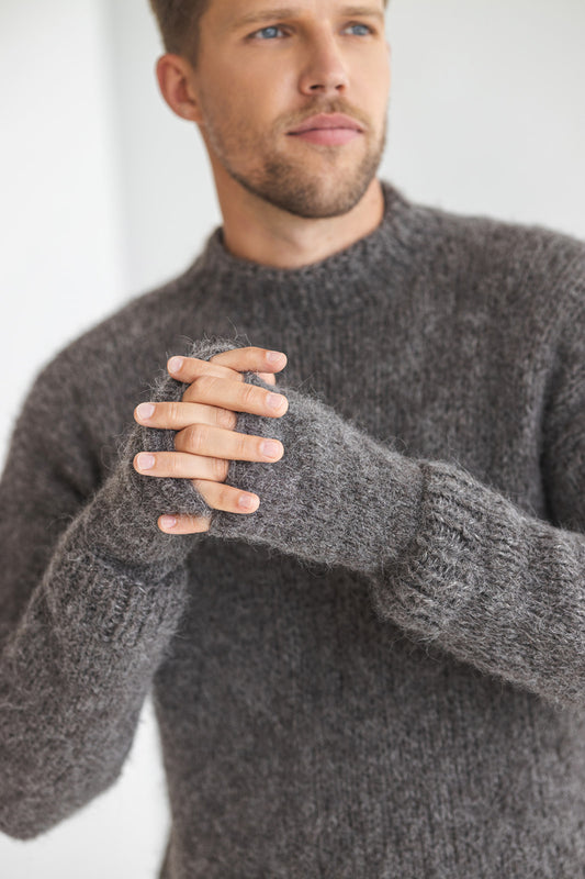 Gray knitted fingerless mens mittens, grey cable knit alpaca wool gloves, pastel winter hand warmers, hand made wrist warmers for man, gift