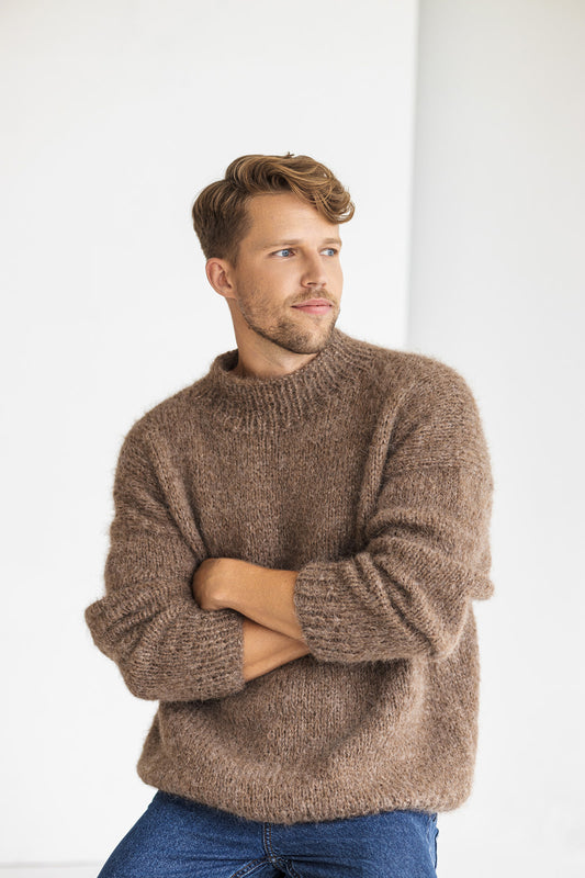 Men's knitted brown alpaca wool sweater, camel cable knit jumper for man, beige minimalist men pullover, gift for him, hand made winter pull