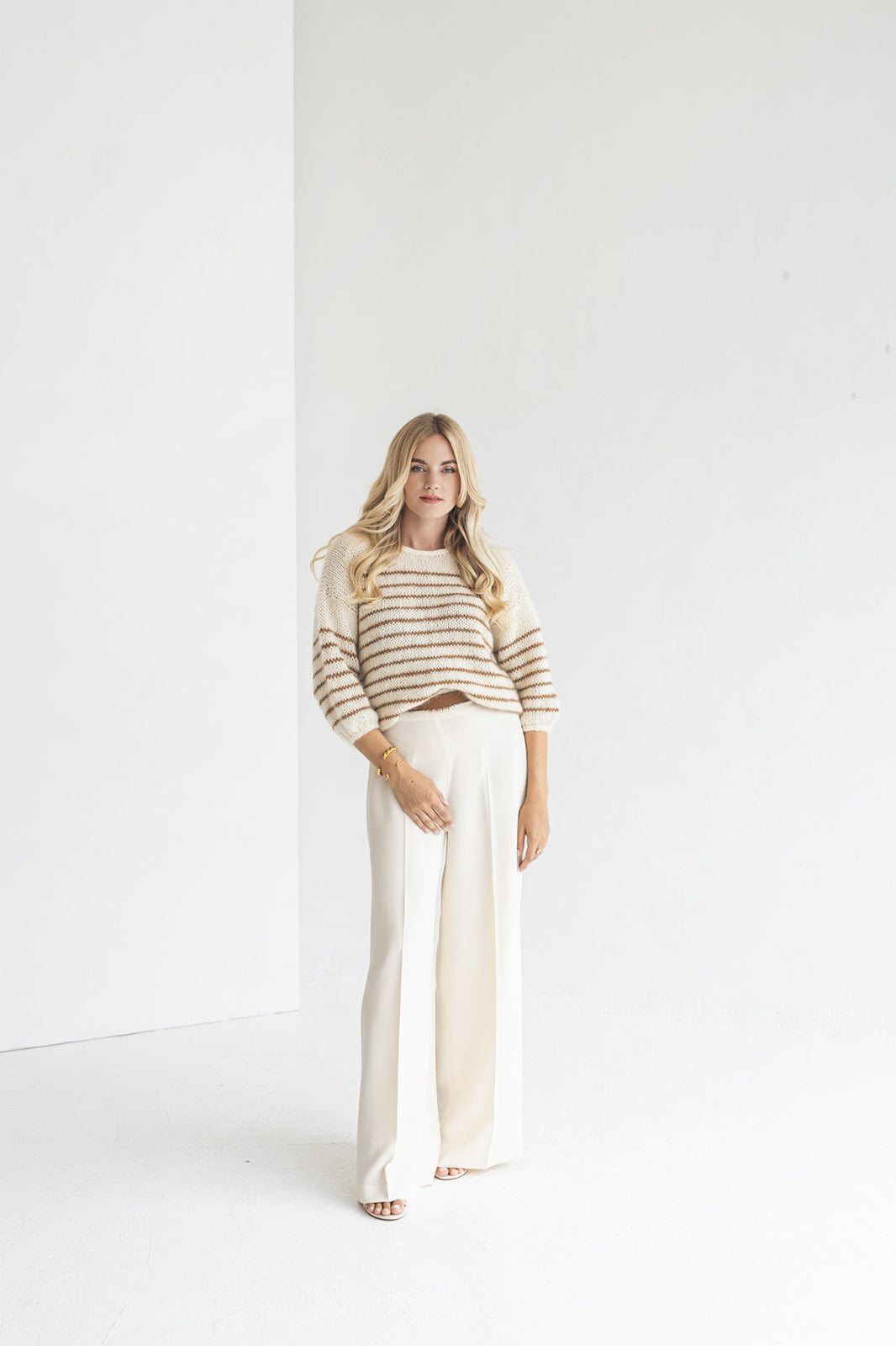 Striped white and camel mohair sweater, beige cable knit alpaca wool blend woman jumper, slightly oversized, fluffy French stripes pullover
