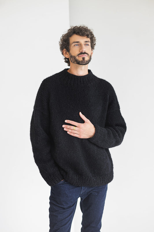 Men's knitted black alpaca wool sweater, camel cable knit jumper for man, minimalist men pullover, gift for him, hand made thick winter pull