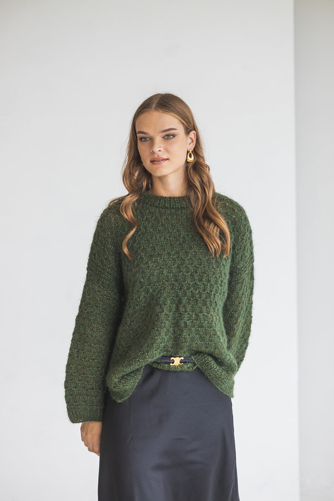 Green mohair knitted sweater, wide sleeves alpaca wool blend jumper, fuzzy cable knit pullover, fluffy slightly oversized thick sweater gift