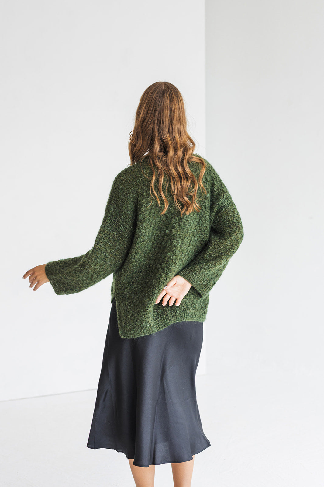 Green mohair knitted sweater, wide sleeves alpaca wool blend jumper, fuzzy cable knit pullover, fluffy slightly oversized thick sweater gift