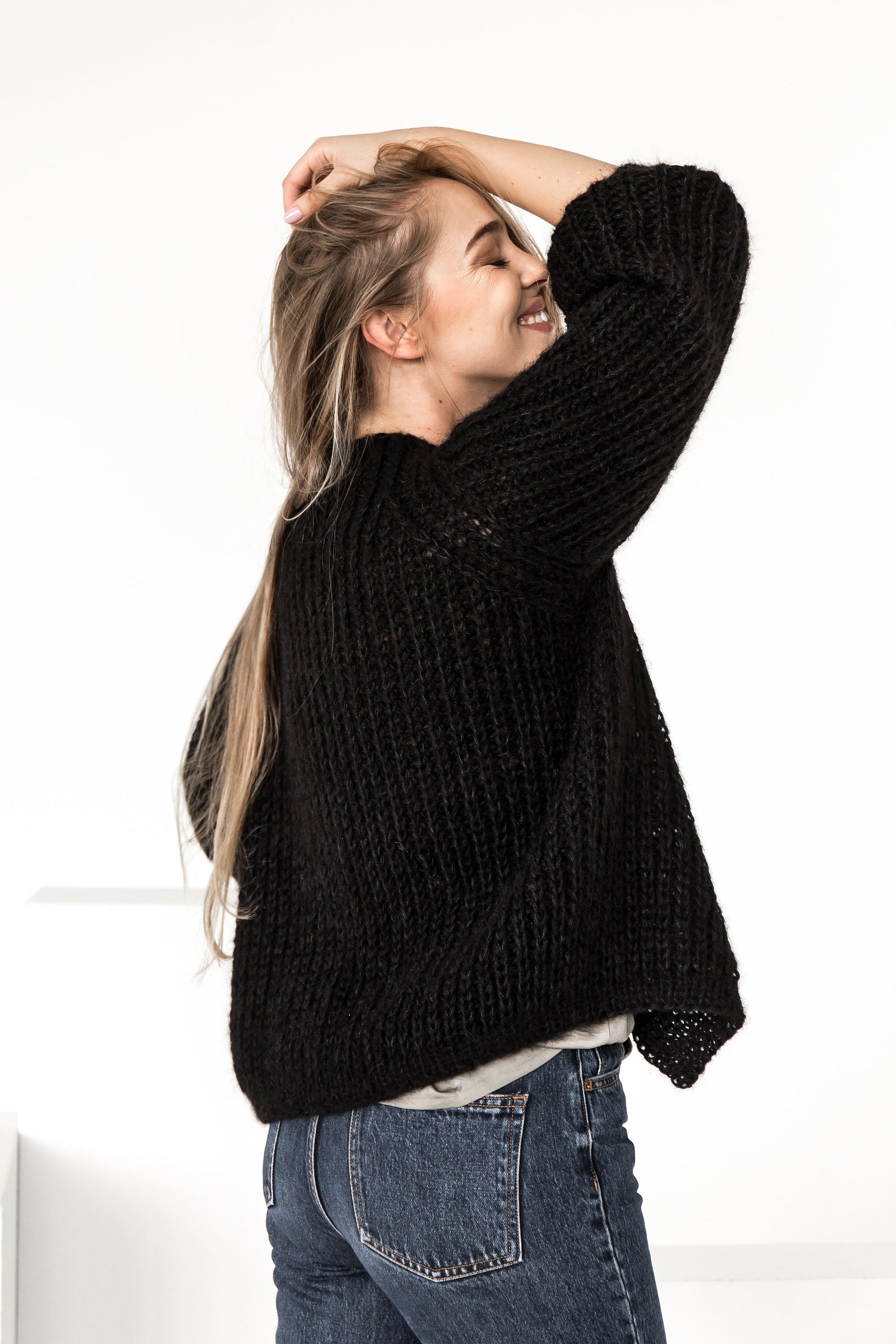 Timeless black mohair cardigan, cable knit fuzzy sweater, oversize mohair sweater, hand made chunky cardigan, strickjacke, gift for women