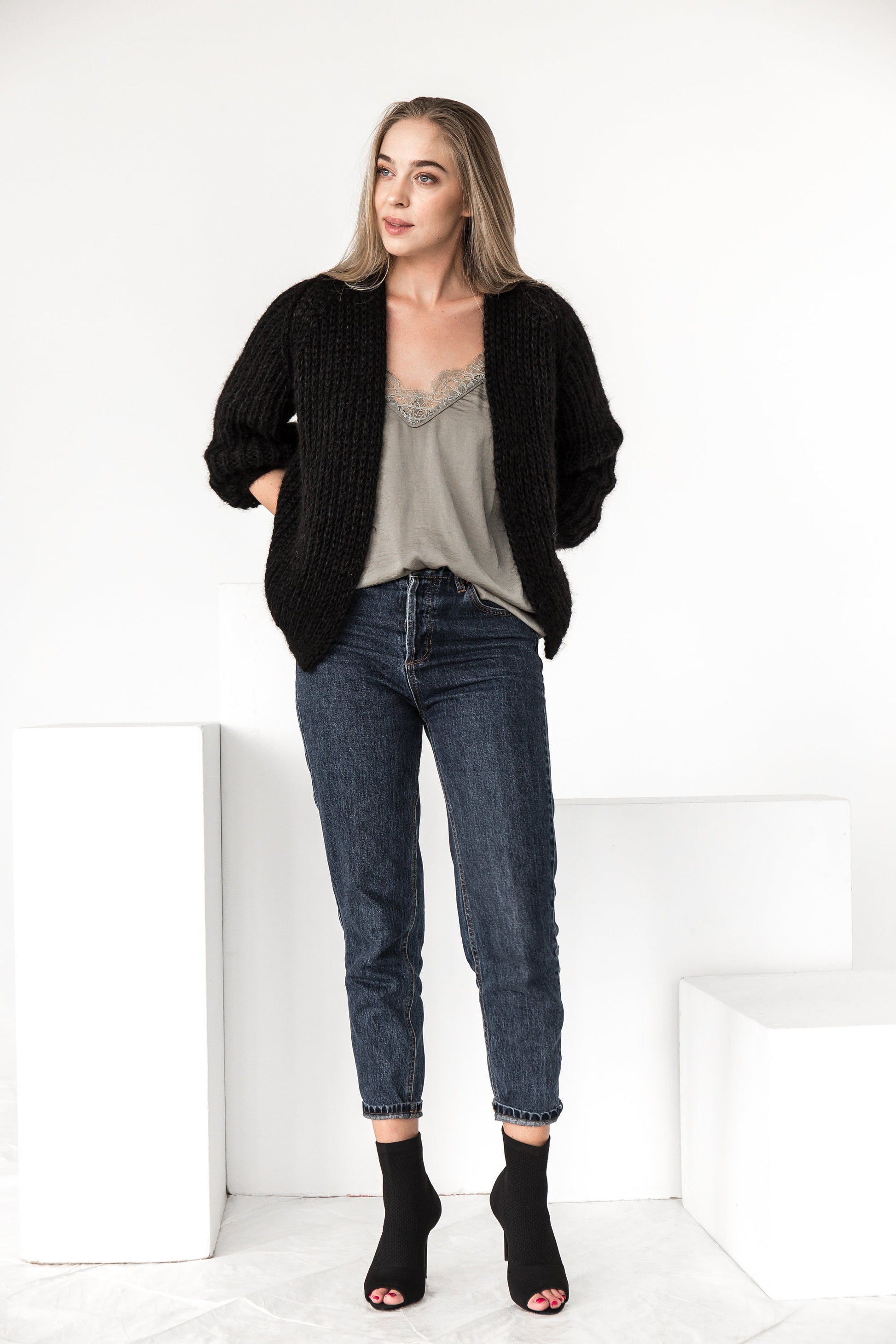 Timeless black mohair cardigan, cable knit fuzzy sweater, oversize mohair sweater, hand made chunky cardigan, strickjacke, gift for women