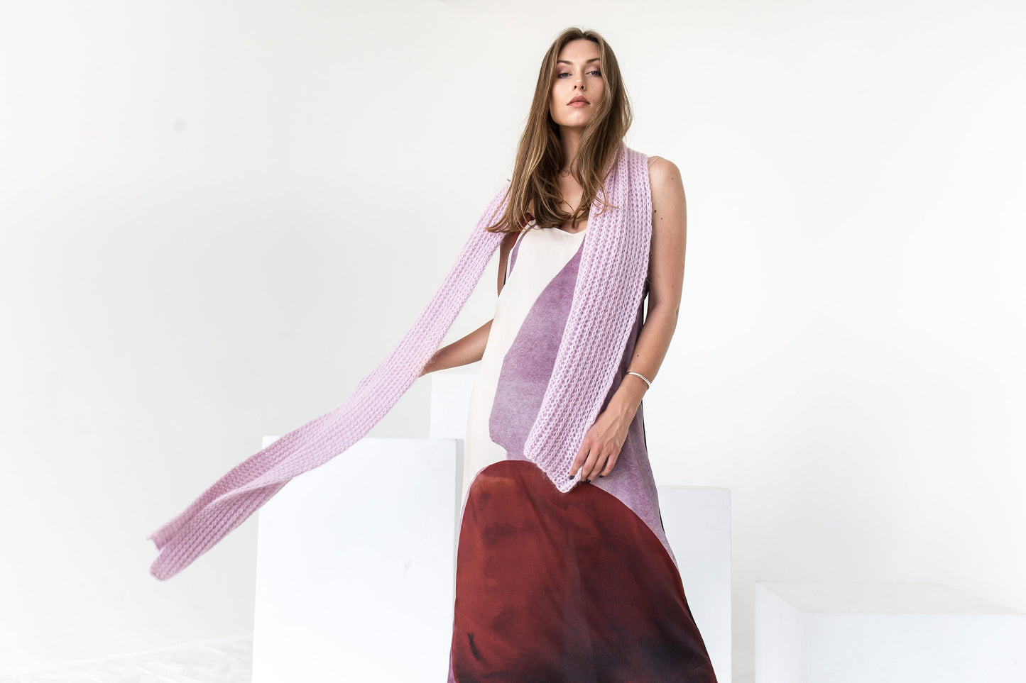 Soft alpaca and fuzzy mohair scarf. Lovely pink knit scarf.