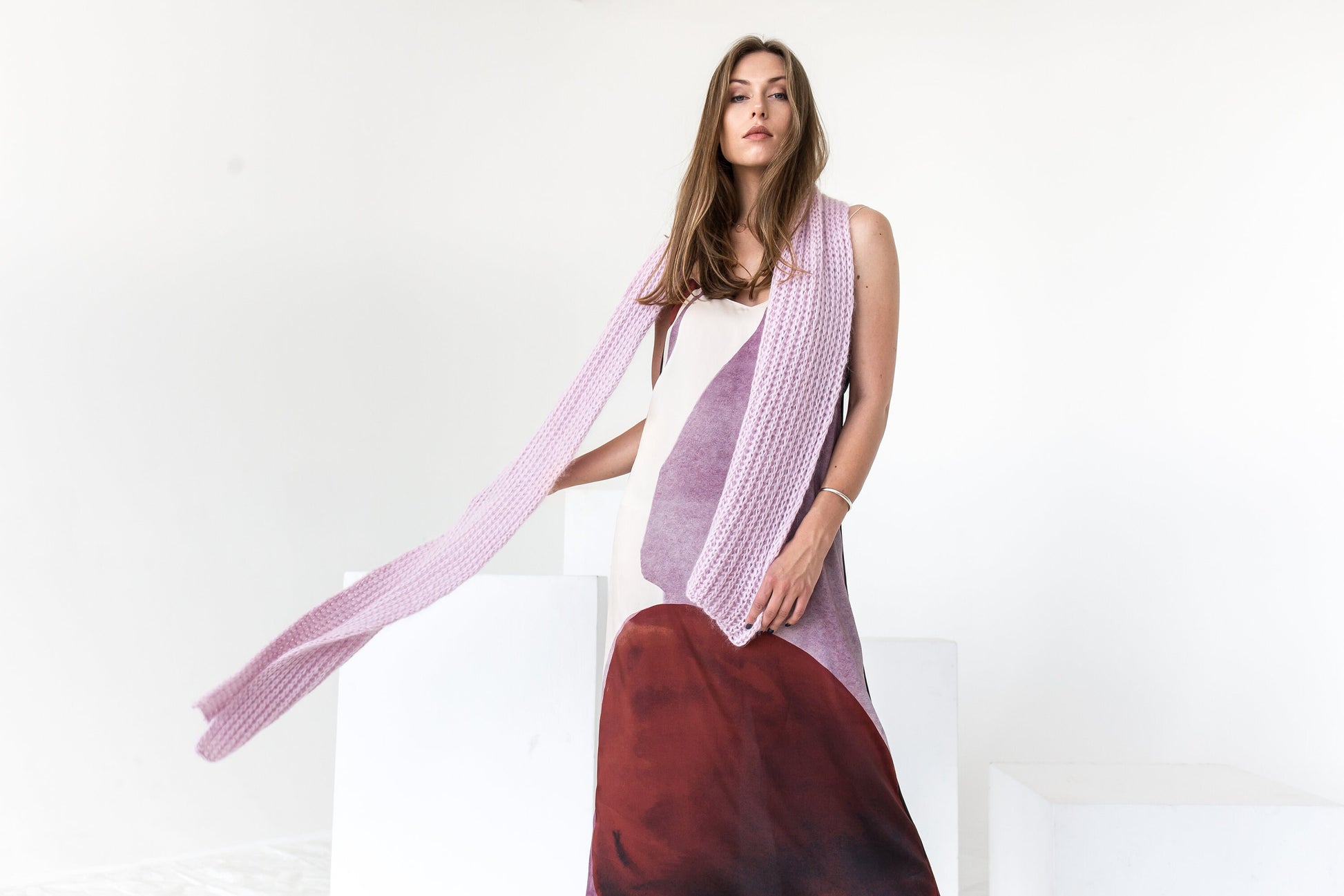 Soft alpaca and fuzzy mohair scarf. Lovely pink knit scarf.