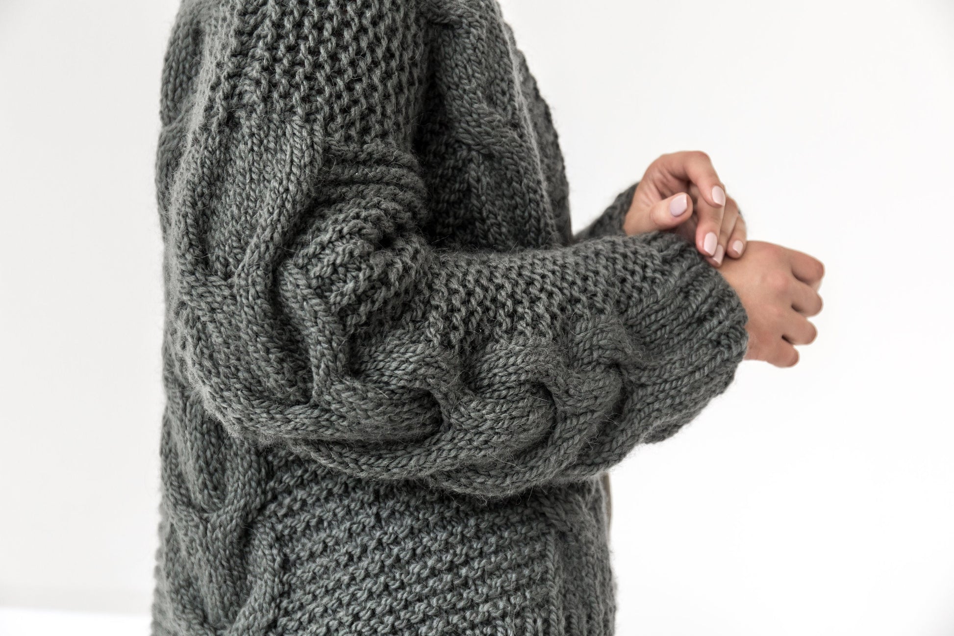 Chunky moss green, cable knit cardigan