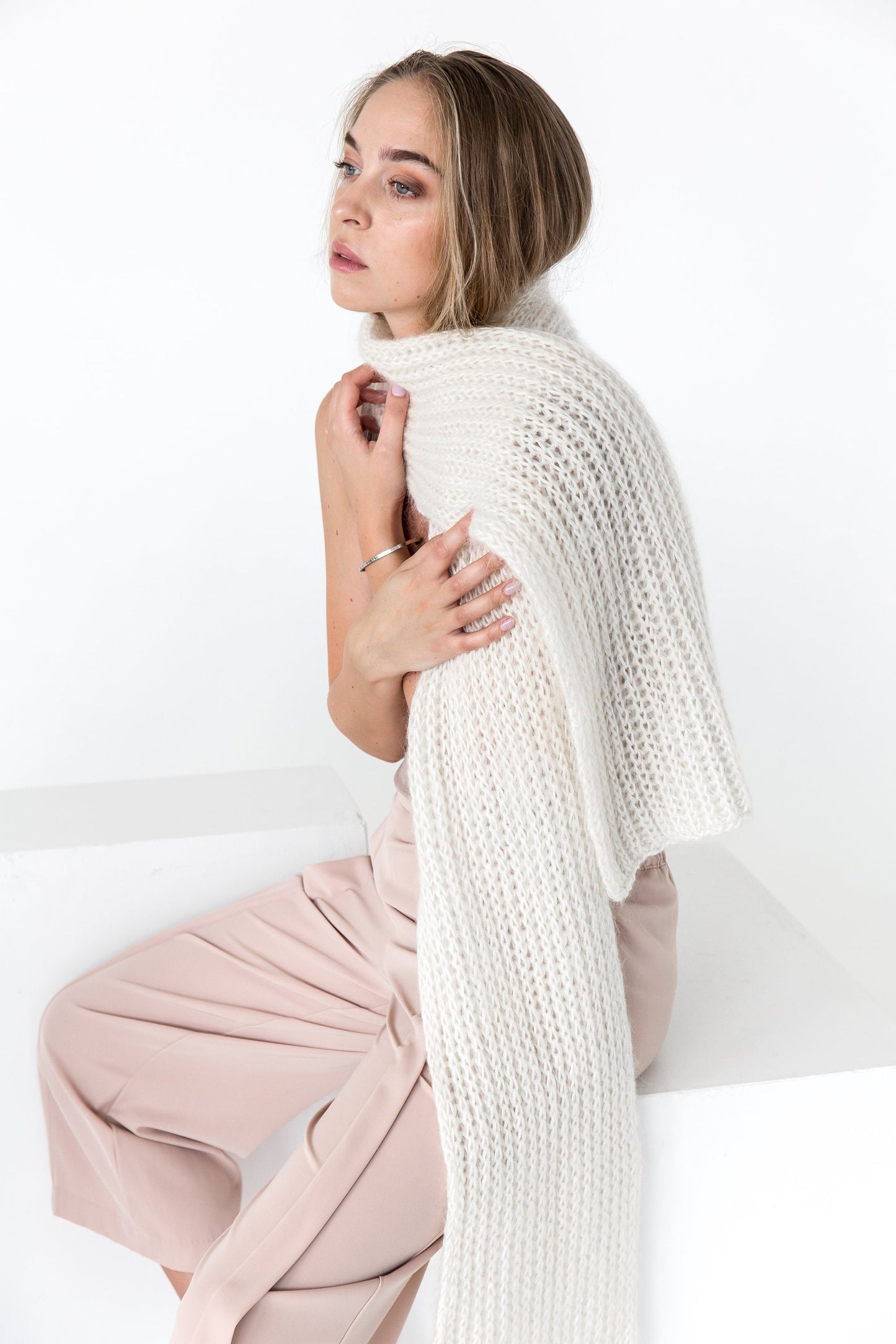 Ribbed Knit White Mohair Scarf, Long Milky Cable Knit Oversize Alpaca Wool Scarf, Women Fuzzy Knitted Shawl, Unisex Winer Wrap, Gift For Her