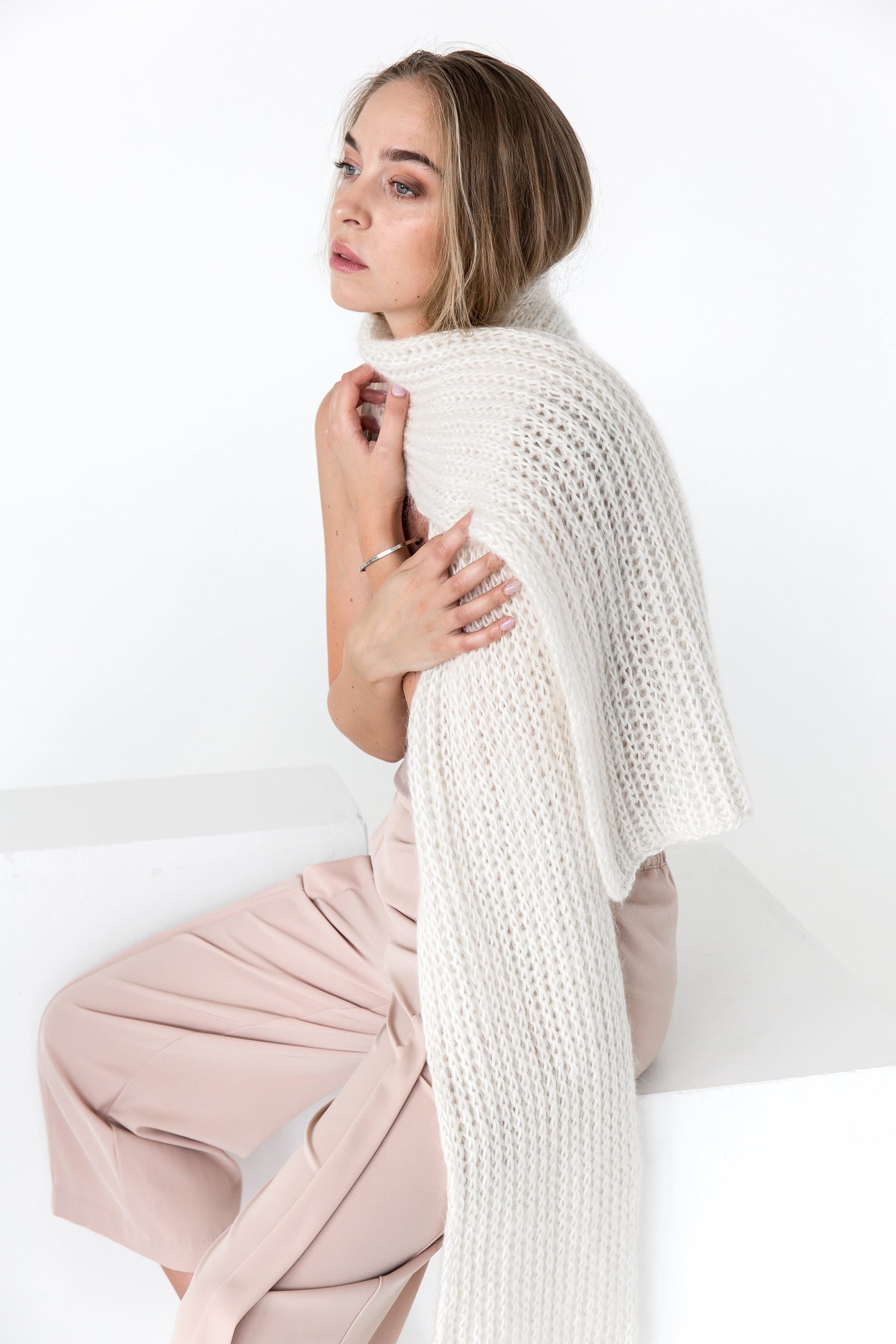 Ribbed Knit White Mohair Scarf, Long Milky Cable Knit Oversize Alpaca Wool Scarf, Women Fuzzy Knitted Shawl, Unisex Winer Wrap, Gift For Her