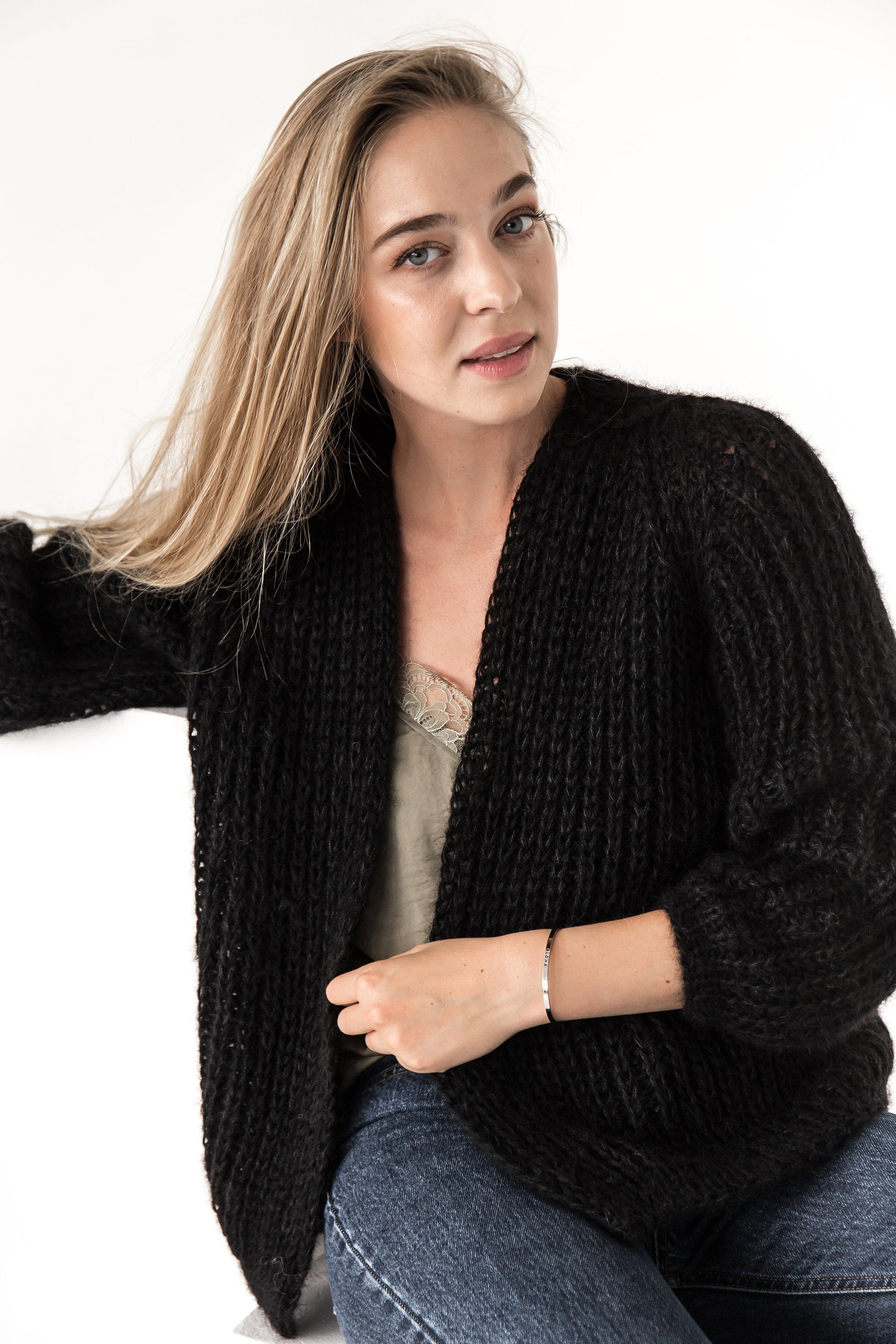 Timeless black mohair cardigan, cable knit fuzzy sweater, oversize mohair sweater, hand made chunky cardigan, strickjacke, gift for women