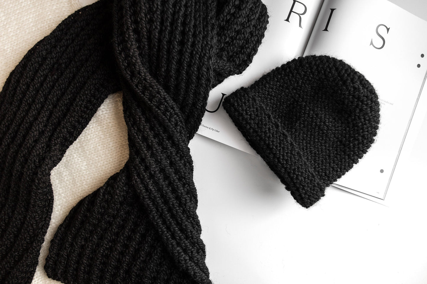 Knit hat and scarf set. Lovely women's alpaca scarf and alpaca hat. Chunky scarf and beanie black hat.