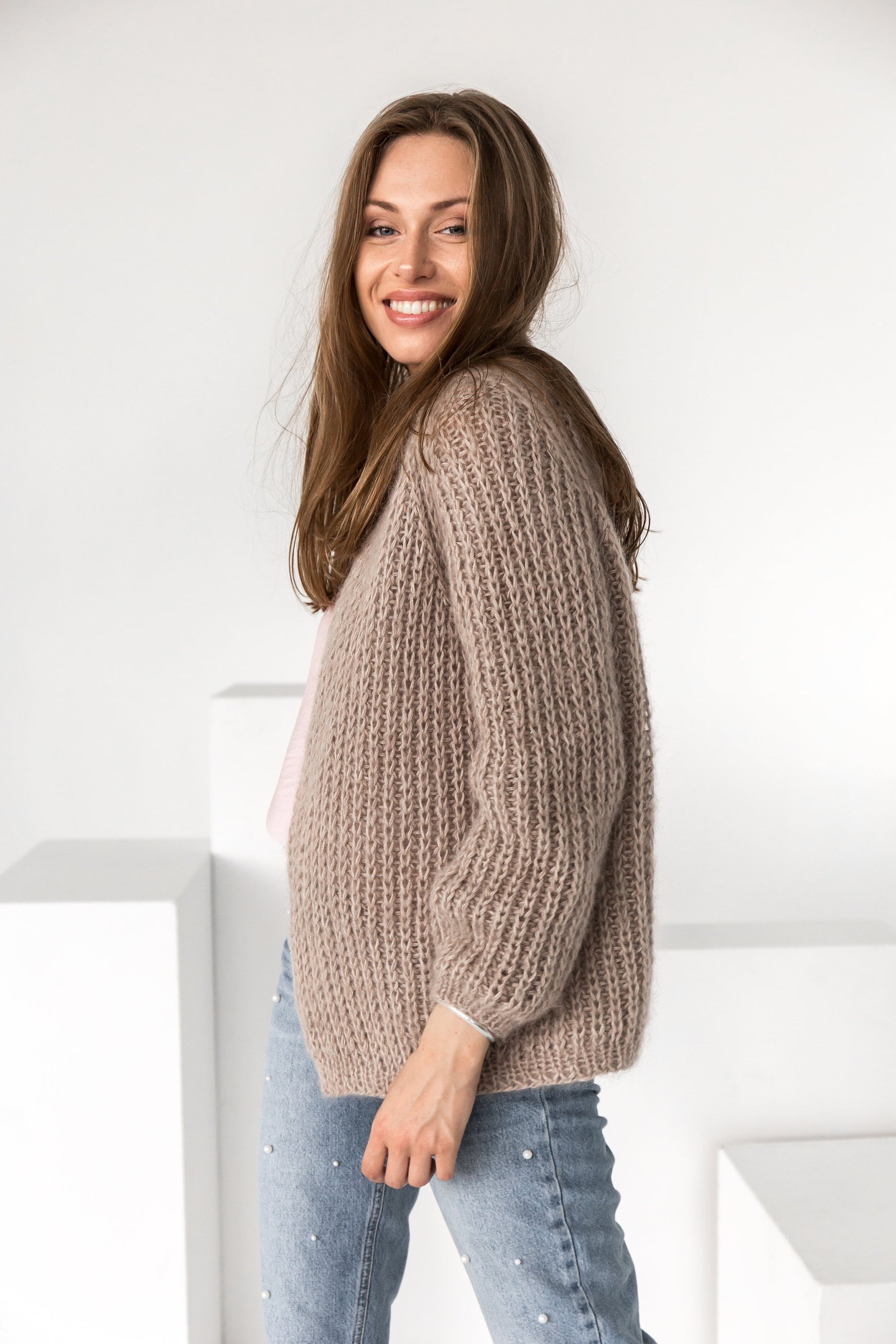 Beige alpaca sweater, fuzzy mohair cardigan, nude women sweater