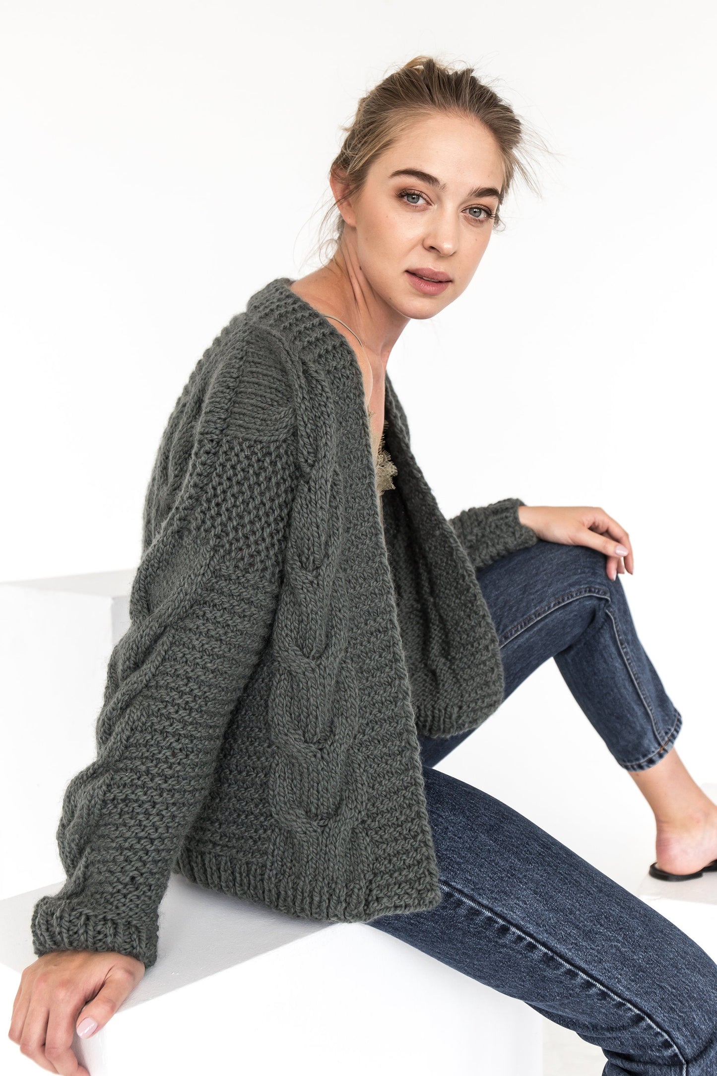 Chunky moss green, cable knit cardigan