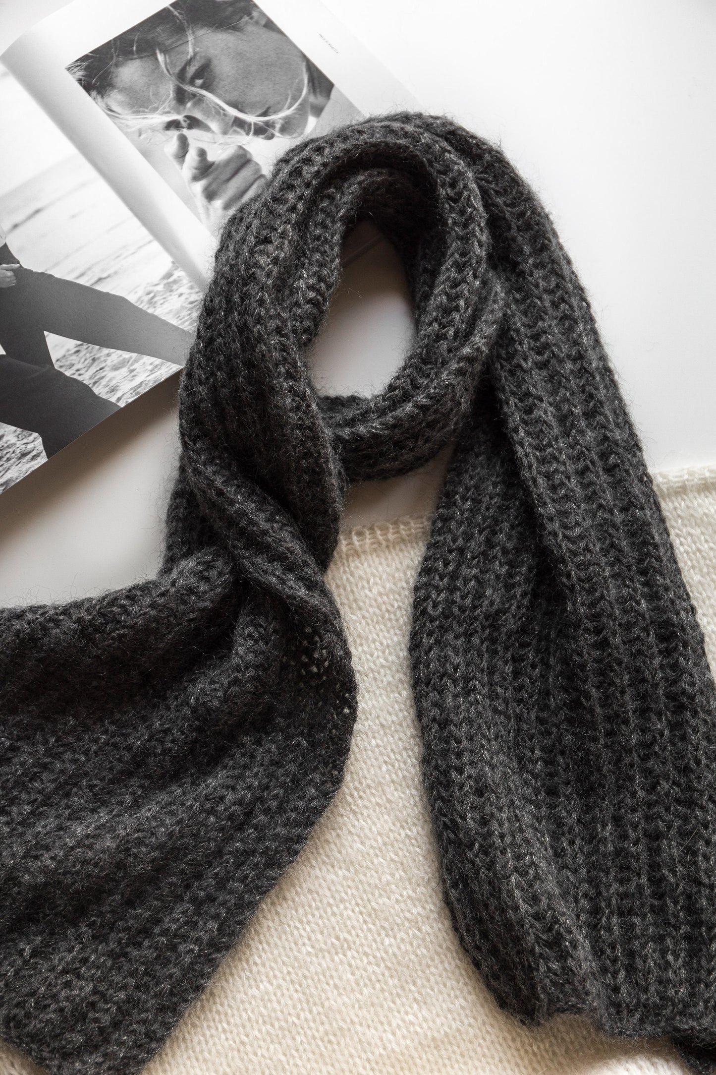 Gray cable knit mohair scarf, long oversized alpaca scarf, ribbed knit winter scarves, grey cowl scarf, man, woman, unisex, knitted shawl