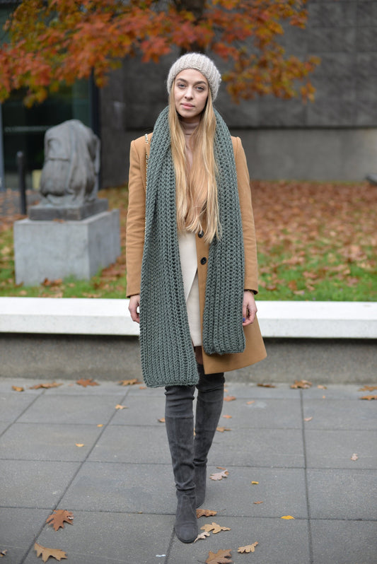 Rib knit green scarf, chunky alpaca scarf, long knit scarf, knit blanket, oversize wool scarf, blanket scarf, fisherman unisex scarf, gift