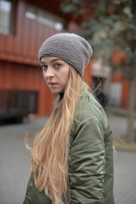 READY TO SHIP. Brown slouchy beanie, warm knit hat, wool and alpaca beanie, cable knit hat, gift for women, winter hat