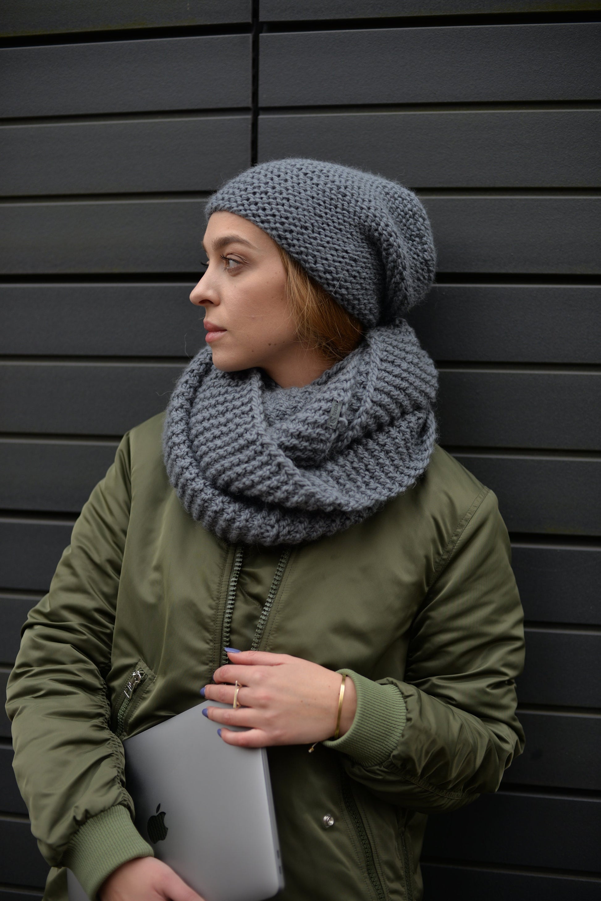 READY TO SHIP. Knit hat and infinity scarf set. Lovely women's alpaca scarf and alpaca hat. Infinity scarf and beanie gray hat.