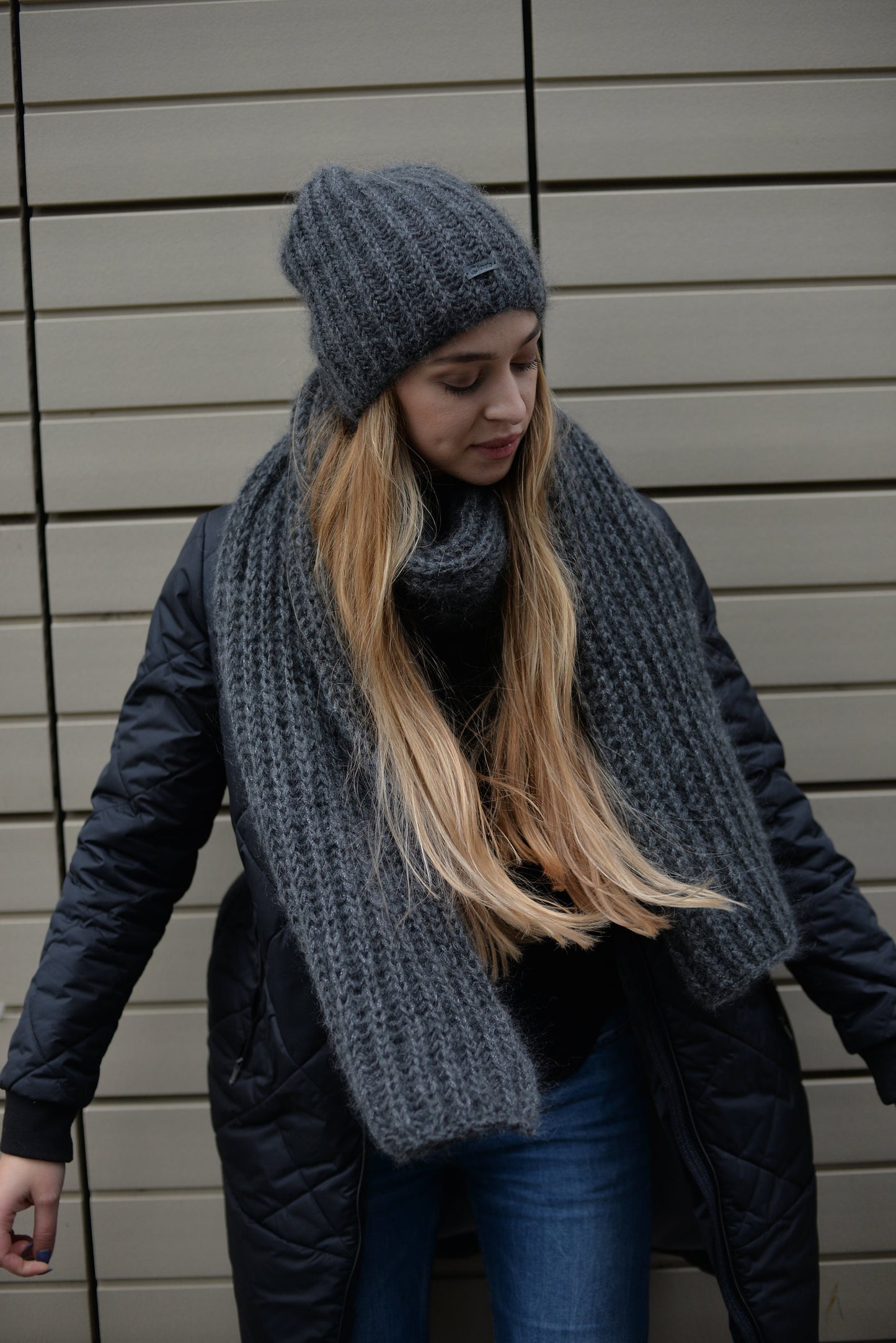 Gray knit hat and scarf set, fuzzy mohair scarf, fluffy mohair hat, alpaca slouchy beanie, knitted winter scarf, oversized scarf,chunky knit