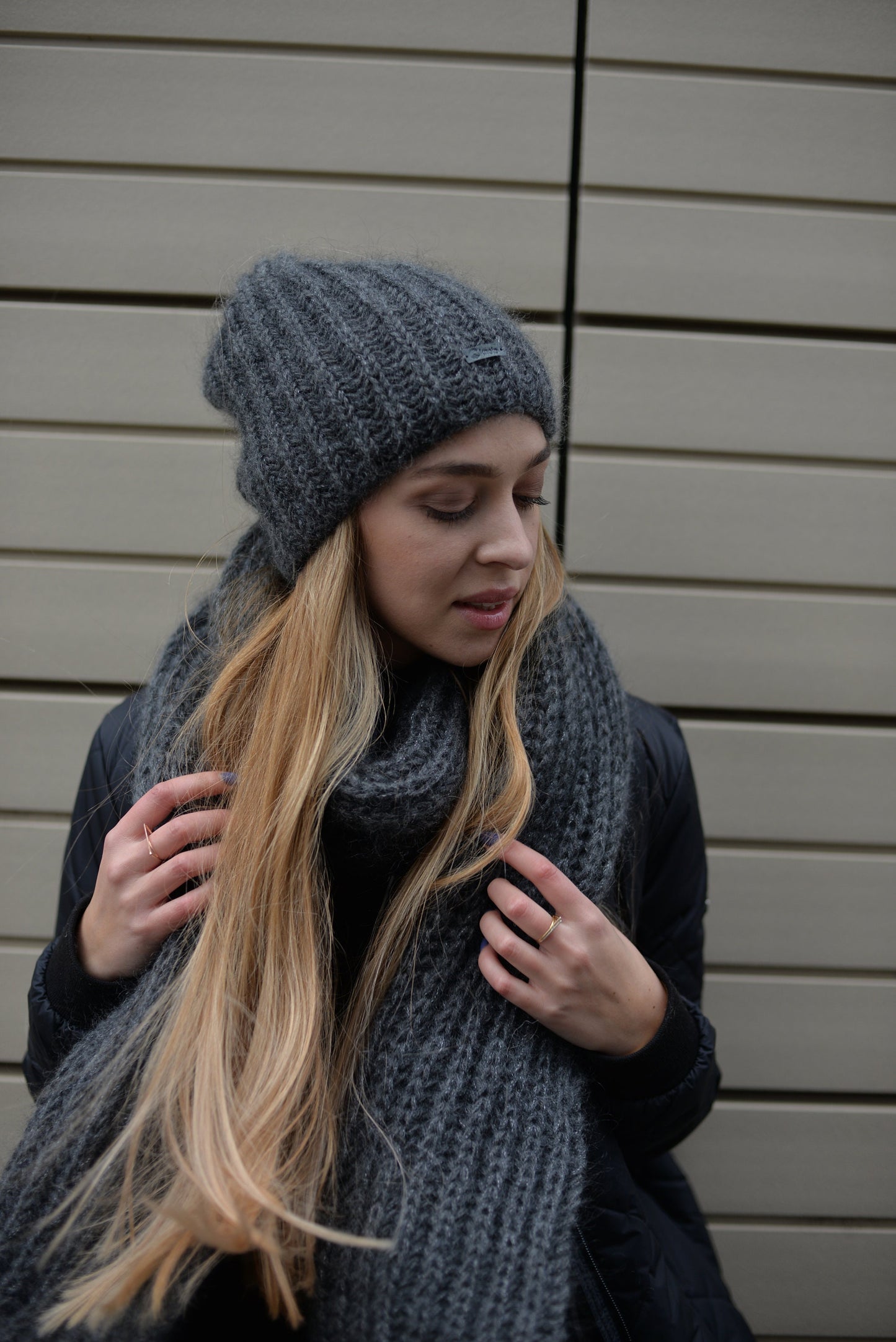 Gray knit hat and scarf set, fuzzy mohair scarf, fluffy mohair hat, alpaca slouchy beanie, knitted winter scarf, oversized scarf,chunky knit