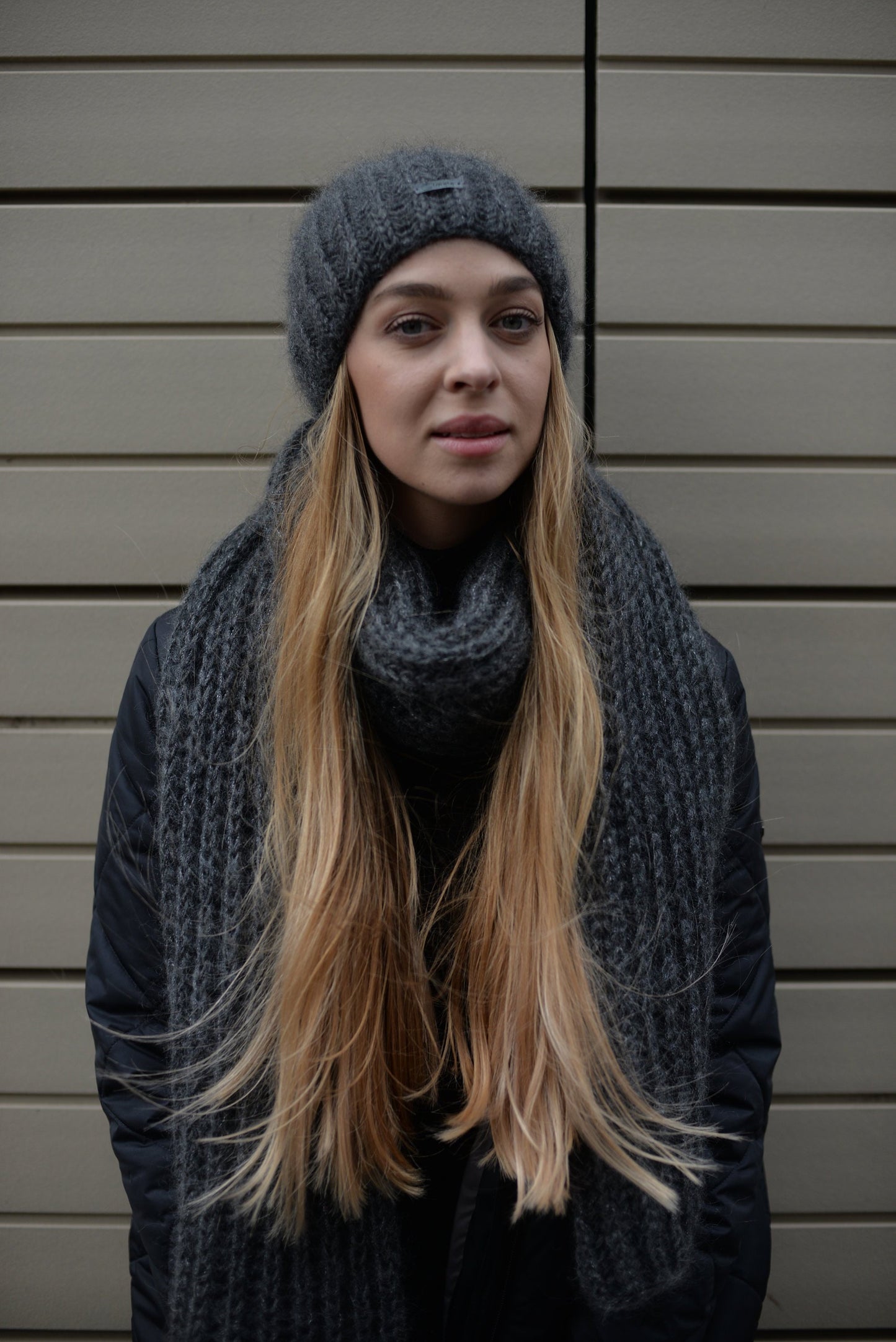 Gray knit hat and scarf set, fuzzy mohair scarf, fluffy mohair hat, alpaca slouchy beanie, knitted winter scarf, oversized scarf,chunky knit