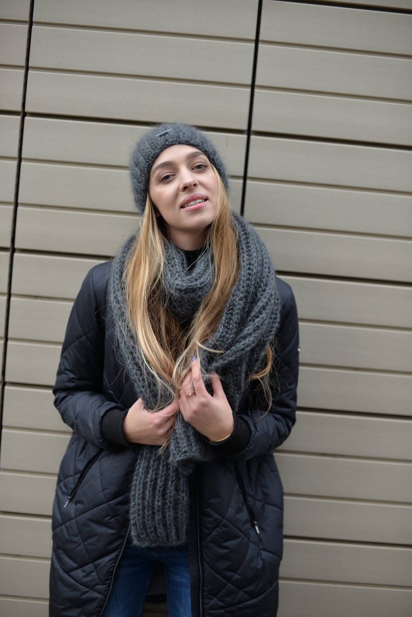 Gray knit hat and scarf set, fuzzy mohair scarf, fluffy mohair hat, alpaca slouchy beanie, knitted winter scarf, oversized scarf,chunky knit