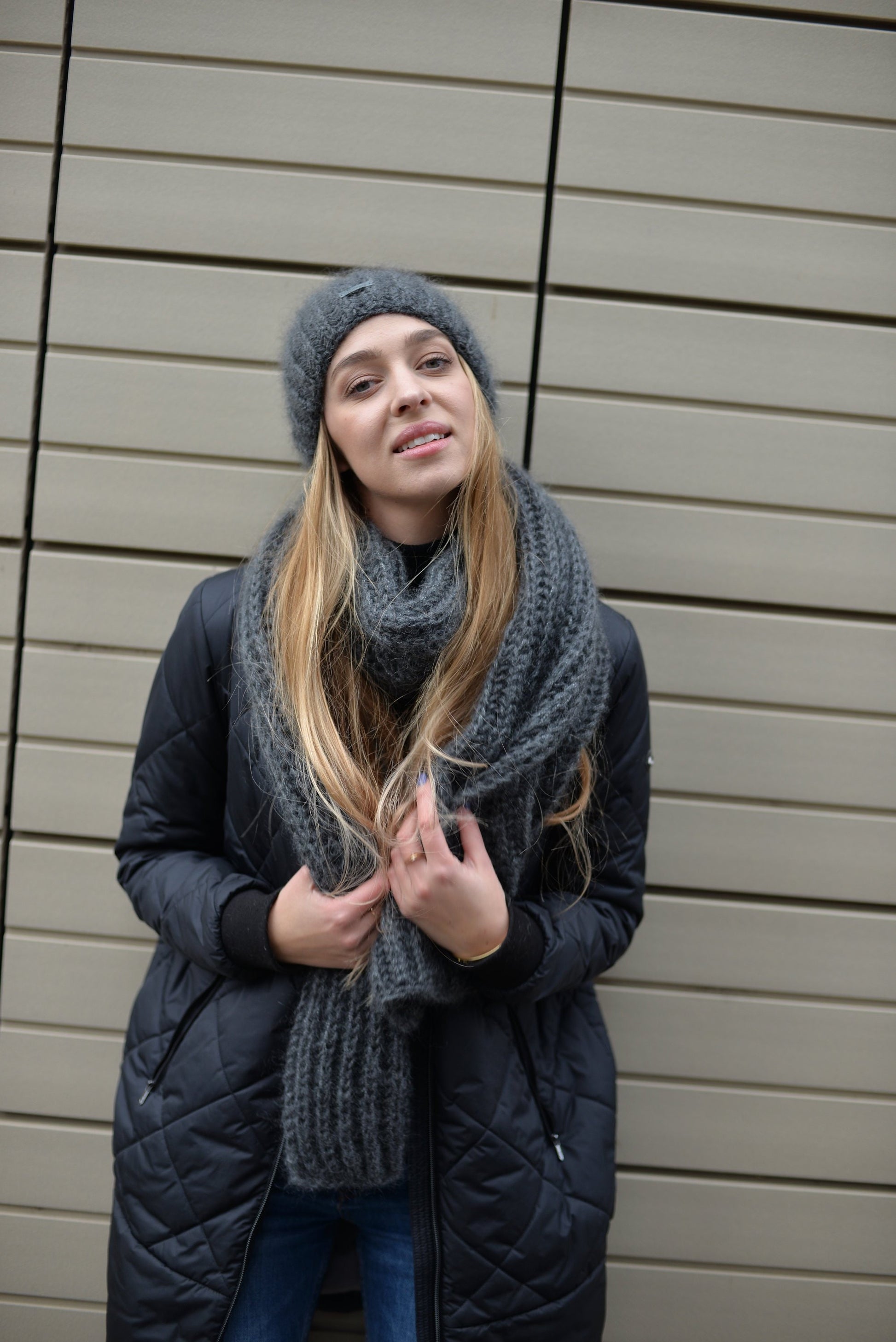 Gray knit hat and scarf set, fuzzy mohair scarf, fluffy mohair hat, alpaca slouchy beanie, knitted winter scarf, oversized scarf,chunky knit