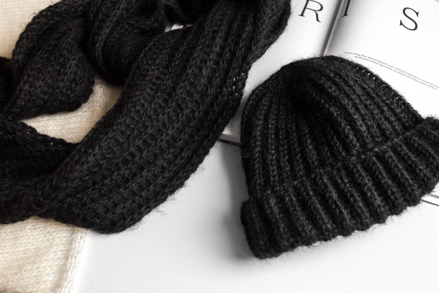Handmade Black Ribbed Knit Mohair And Alpaca XXL Scarf And Hat Set, Cable Knitted Winter Shawl And Beanie Set, Warm Minimalism Woman's Gift