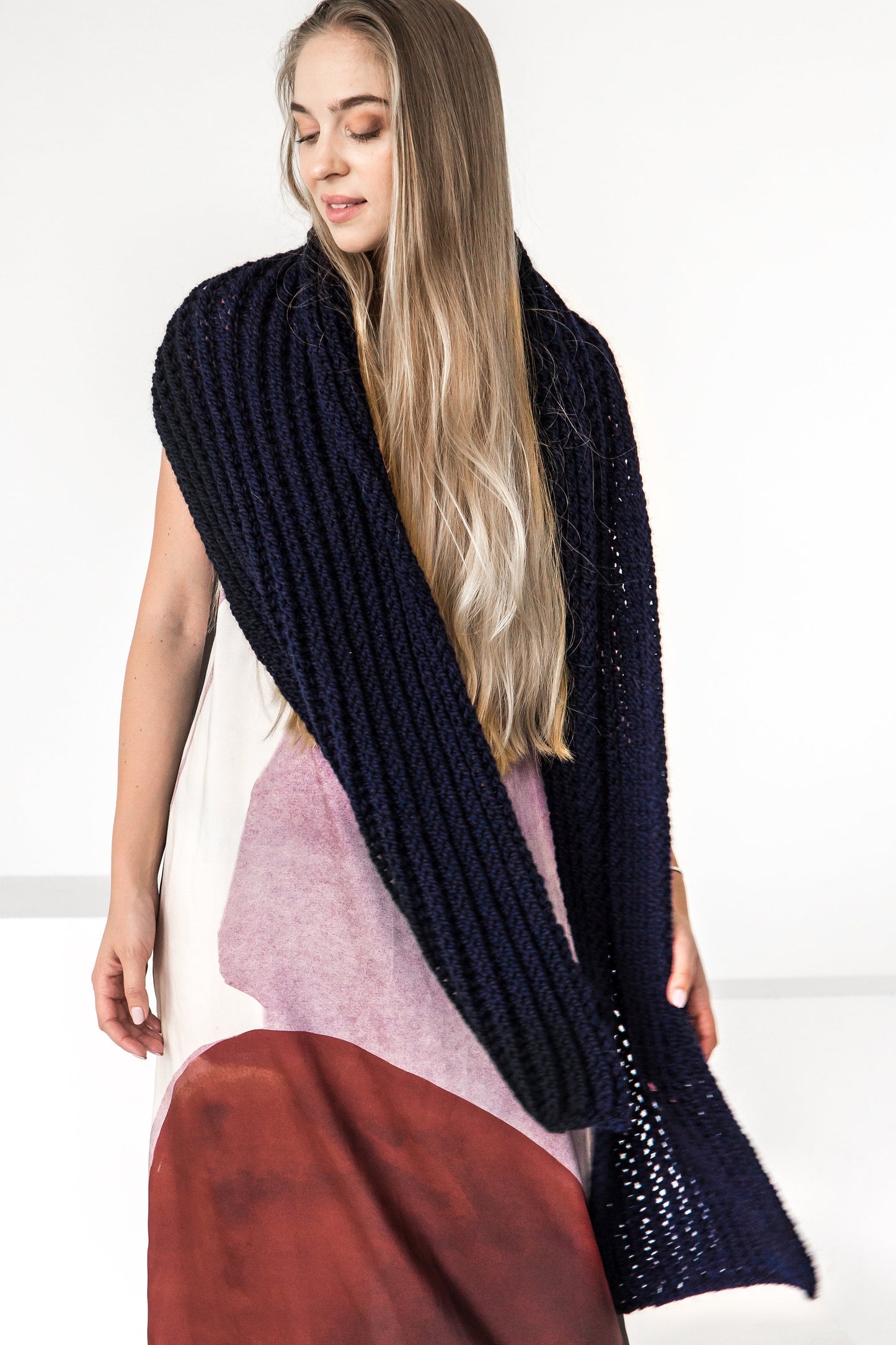 READY TO SHIP. Night blue knit wool and alpaca scarf. Feel cosy and warm with this lovely oversize chunky knitted scarf.