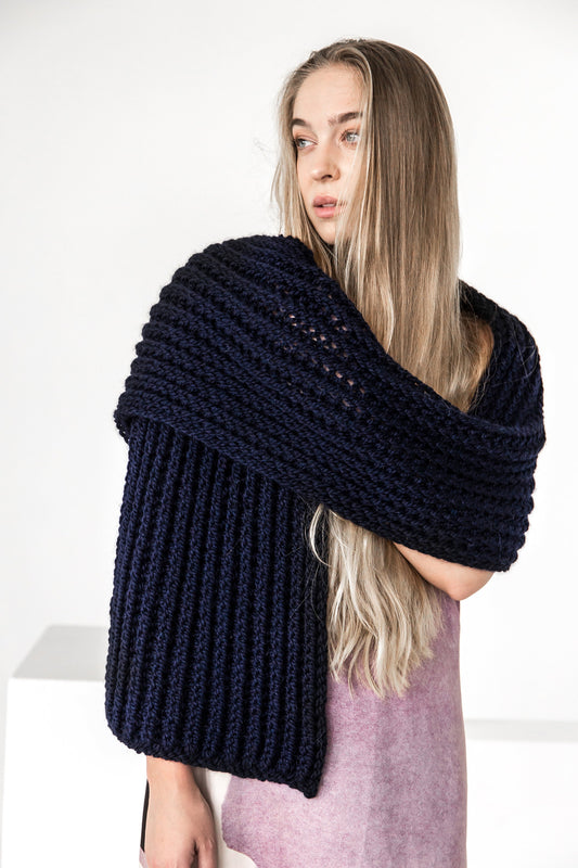 READY TO SHIP. Night blue knit wool and alpaca scarf. Feel cosy and warm with this lovely oversize chunky knitted scarf.