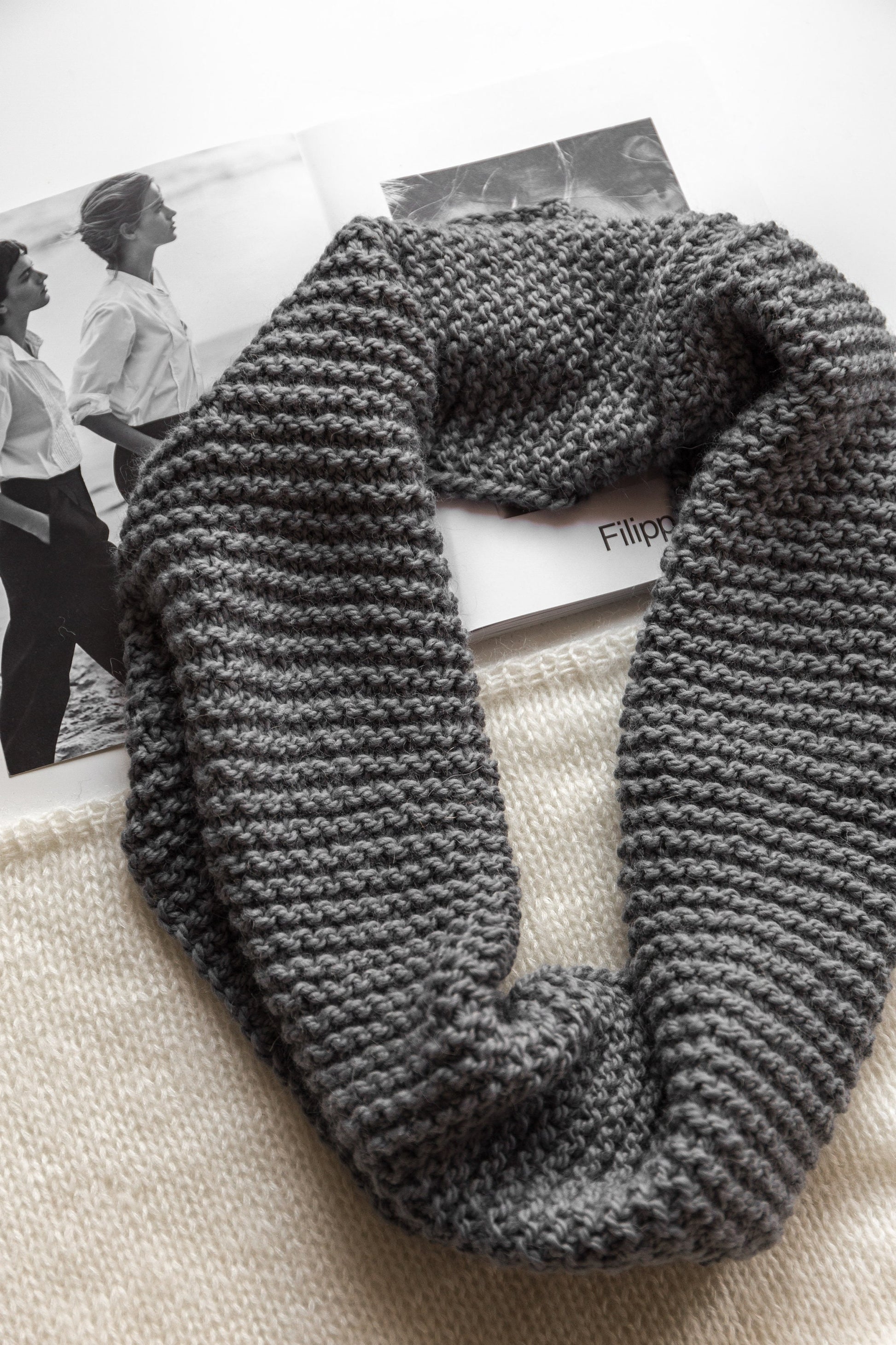 Gray infinity scarf. This chunky knit wool and alpaca scarf will keep you warm and cosy.