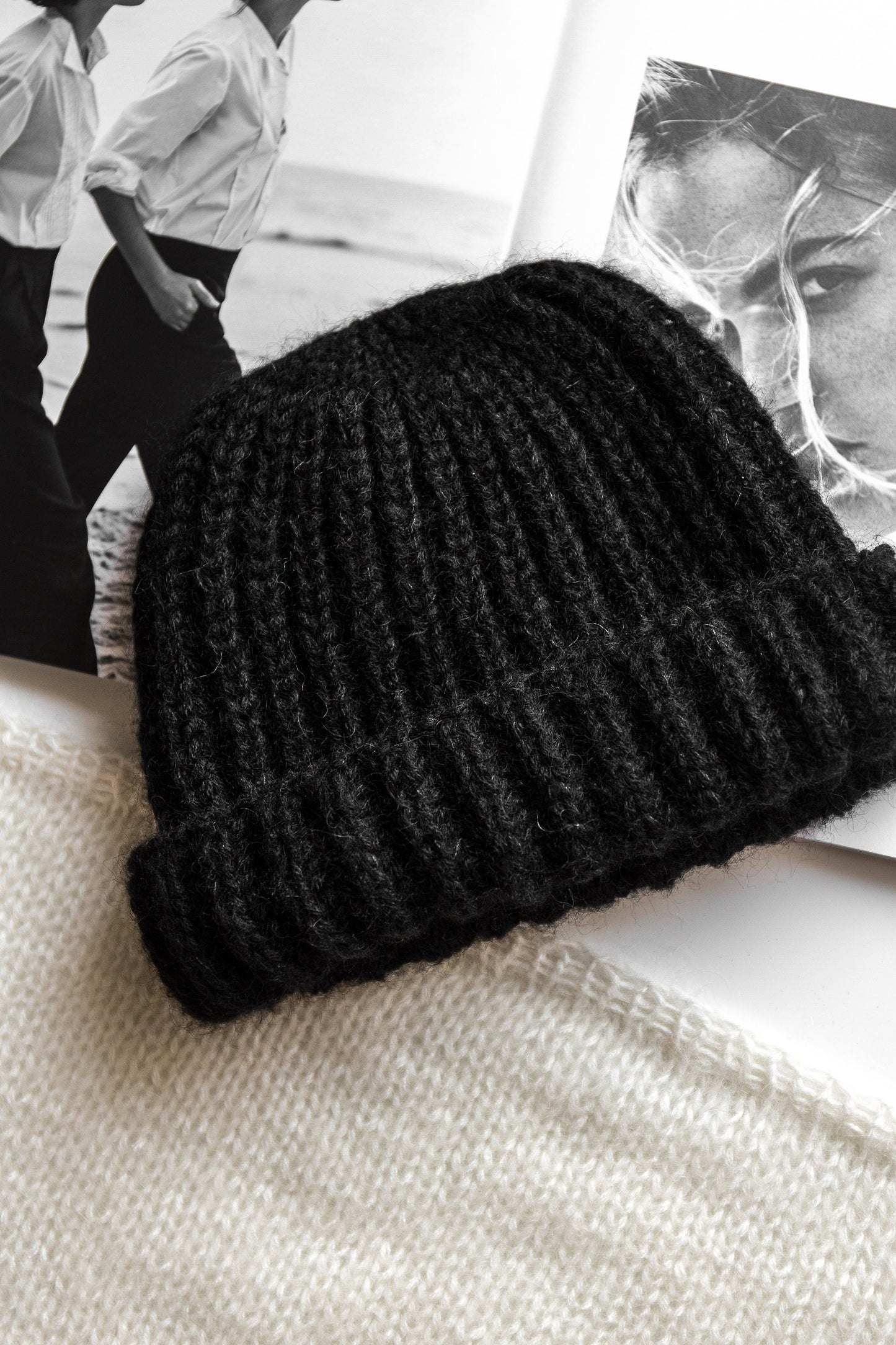 READY TO SHIP. Lovely women's mohair hat. Warm black knit hat. Beige slouchy beanie.