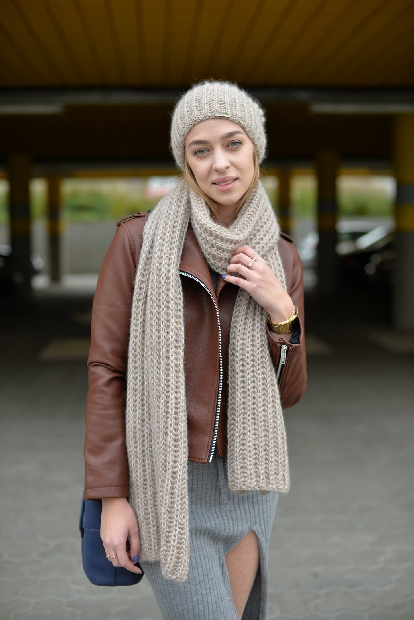 READY TO SHIP. Knit hat and scarf set. Lovely women's mohair scarf and mohair hat. Fuzzy scarf and slouchy beanie beige hat.