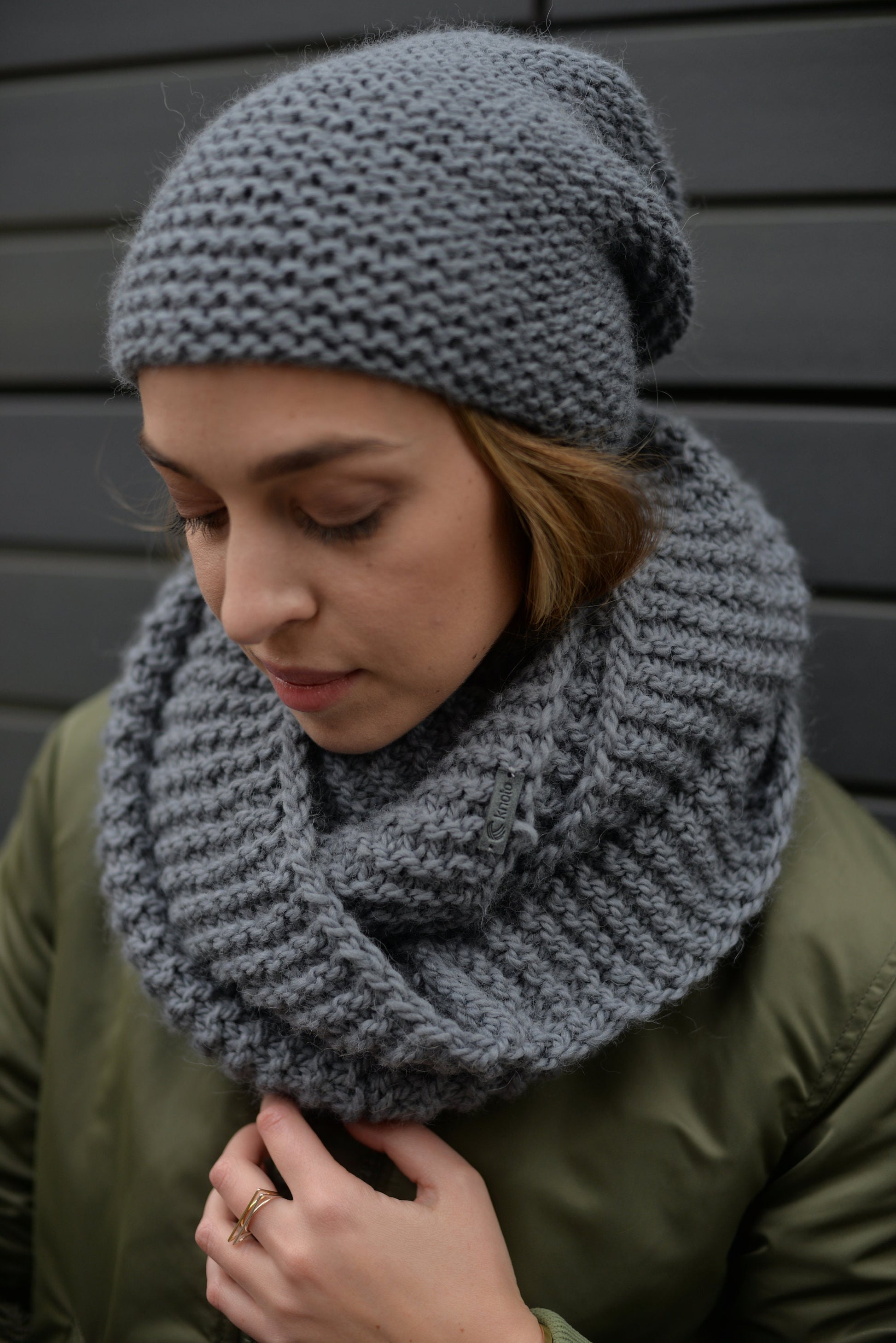 READY TO SHIP. Knit hat and infinity scarf set. Lovely women's alpaca scarf and alpaca hat. Infinity scarf and beanie gray hat.