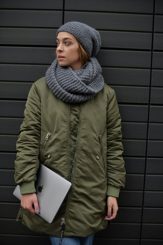 READY TO SHIP. Knit hat and infinity scarf set. Lovely women's alpaca scarf and alpaca hat. Infinity scarf and beanie gray hat.