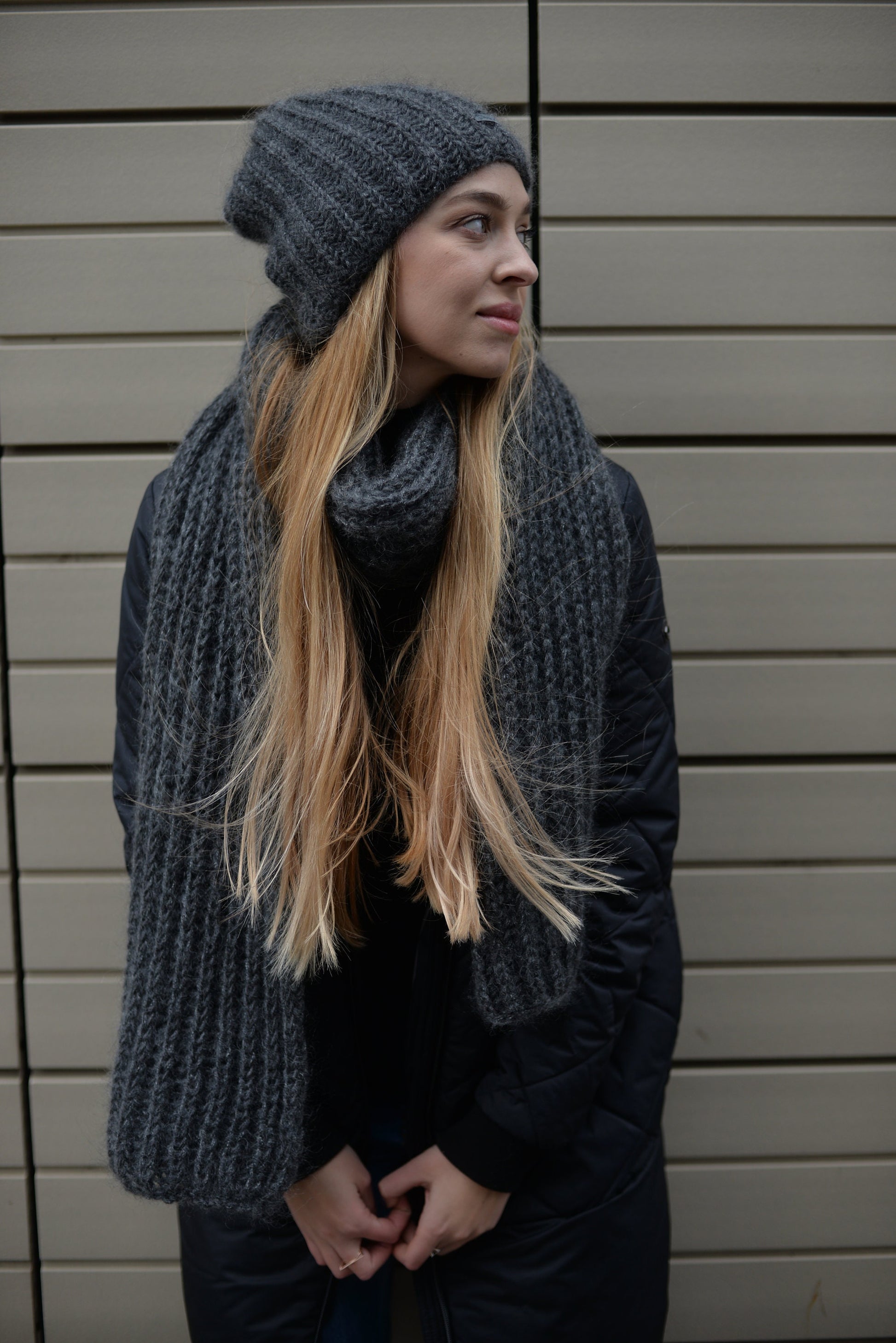 Gray knit hat and scarf set, fuzzy mohair scarf, fluffy mohair hat, alpaca slouchy beanie, knitted winter scarf, oversized scarf,chunky knit