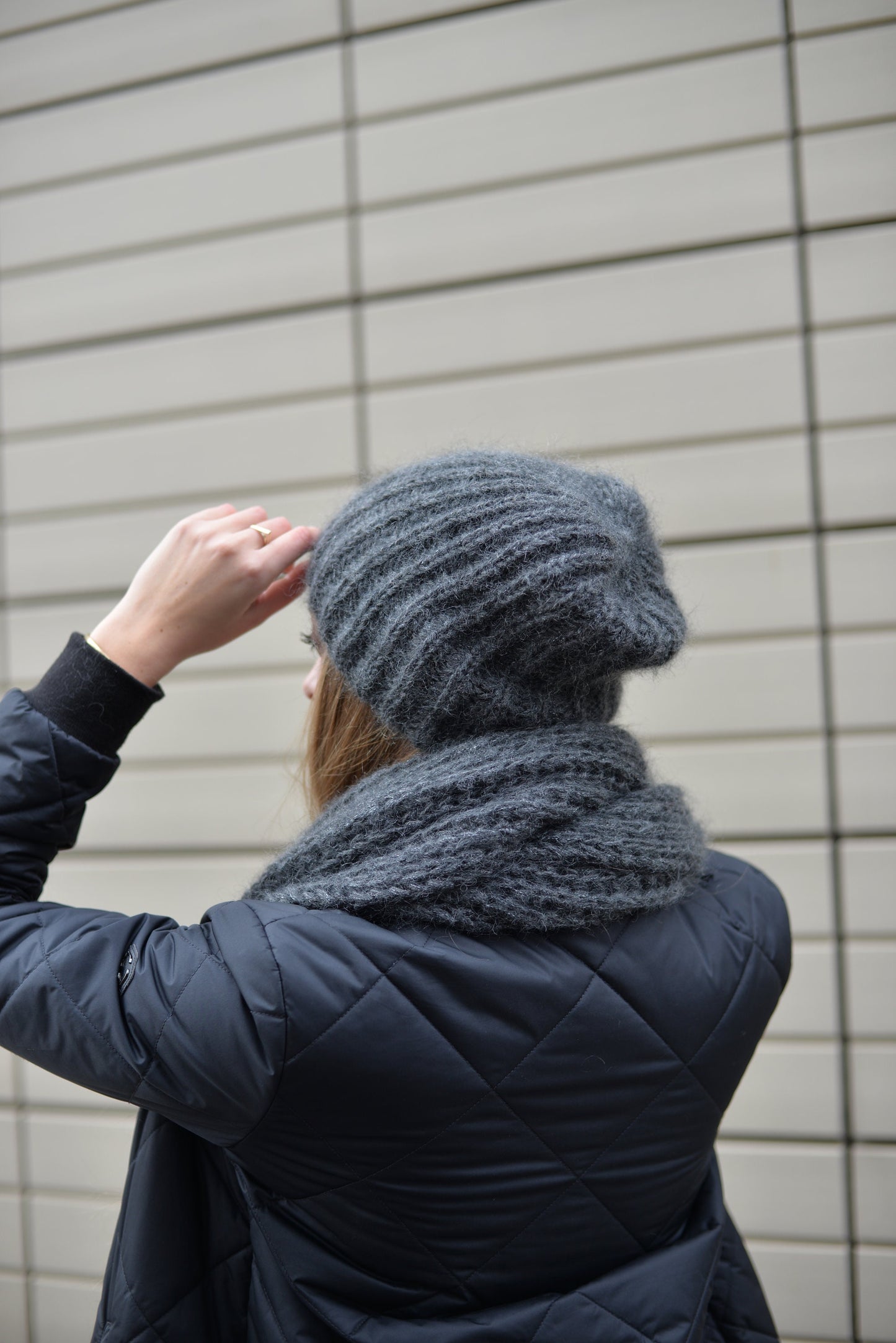 Gray knit hat and scarf set, fuzzy mohair scarf, fluffy mohair hat, alpaca slouchy beanie, knitted winter scarf, oversized scarf,chunky knit