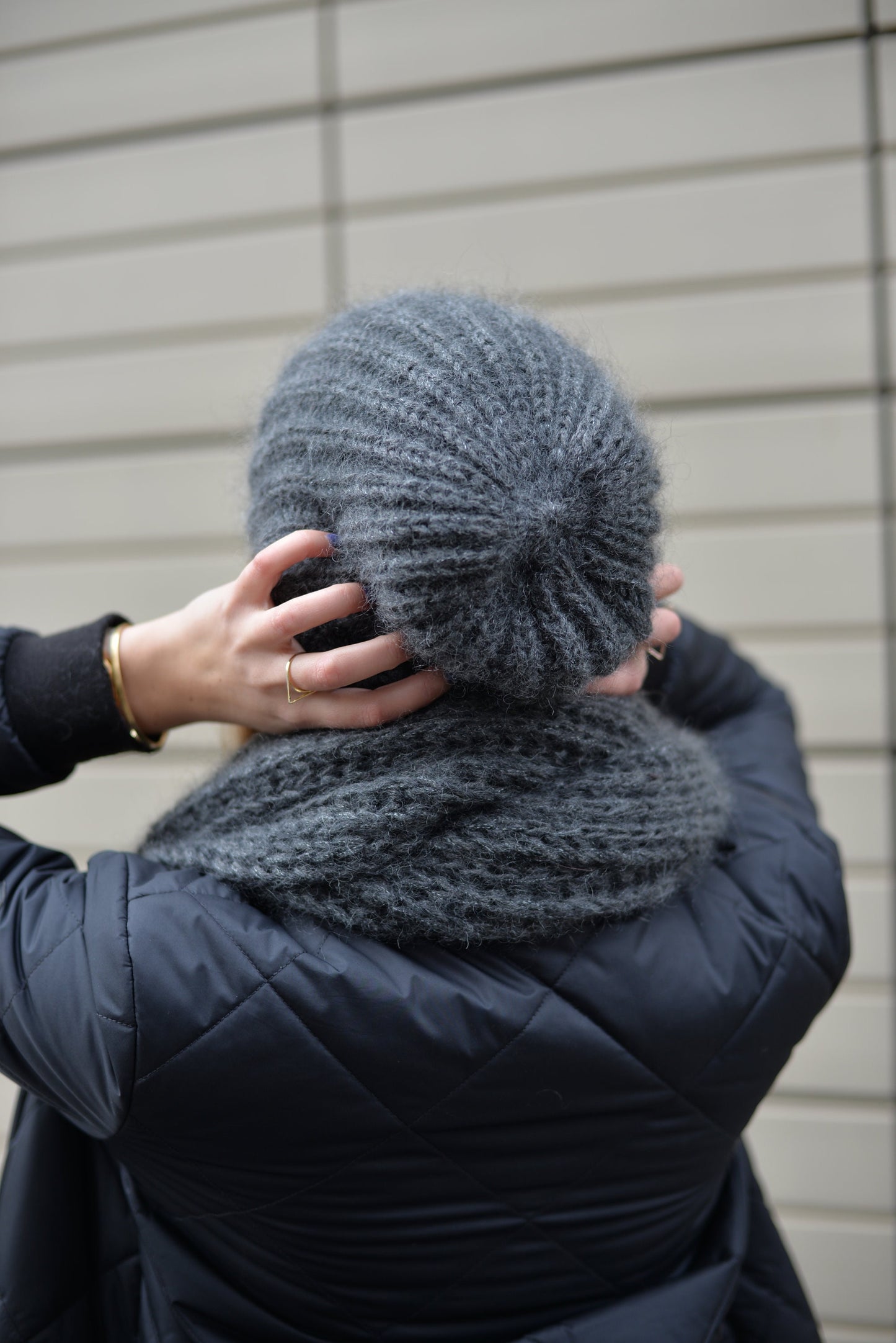 Gray knit hat and scarf set, fuzzy mohair scarf, fluffy mohair hat, alpaca slouchy beanie, knitted winter scarf, oversized scarf,chunky knit