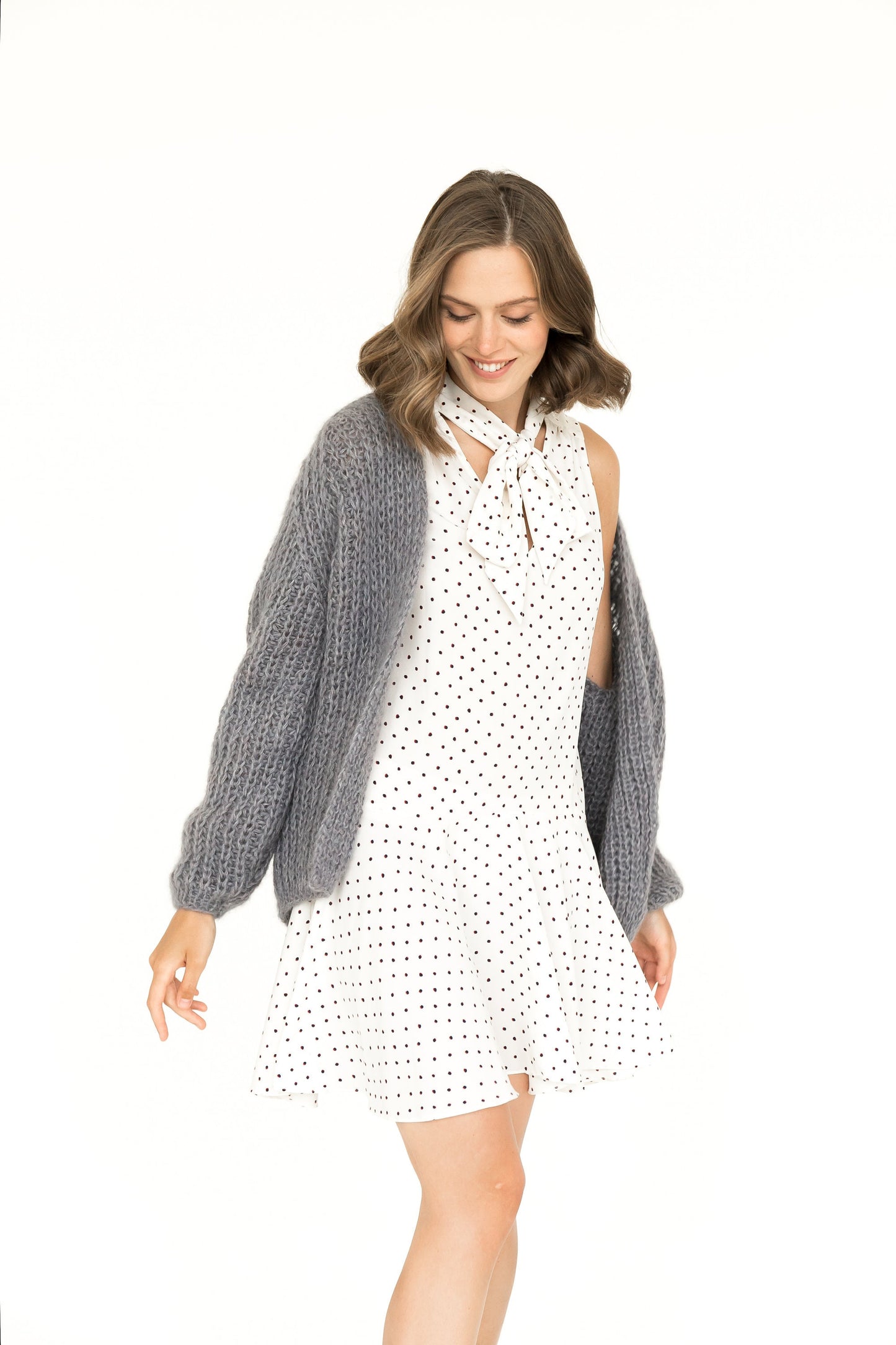 Gary fluffy hand knit slightly oversized mohair cardigan, ash grey cable knitted alpaca wool and silk blend fuzzy sweater, chunky loose fit