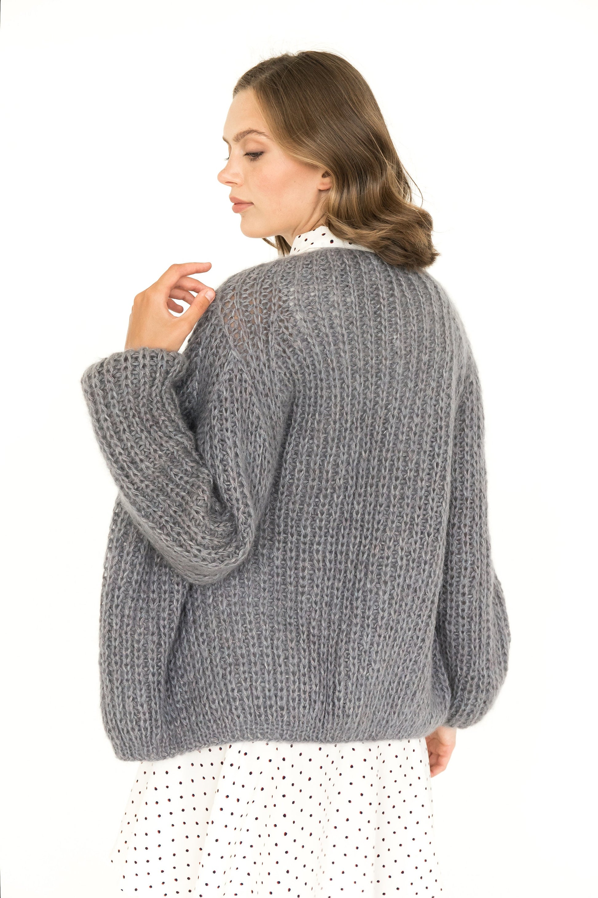 Gary fluffy hand knit slightly oversized mohair cardigan, ash grey cable knitted alpaca wool and silk blend fuzzy sweater, chunky loose fit