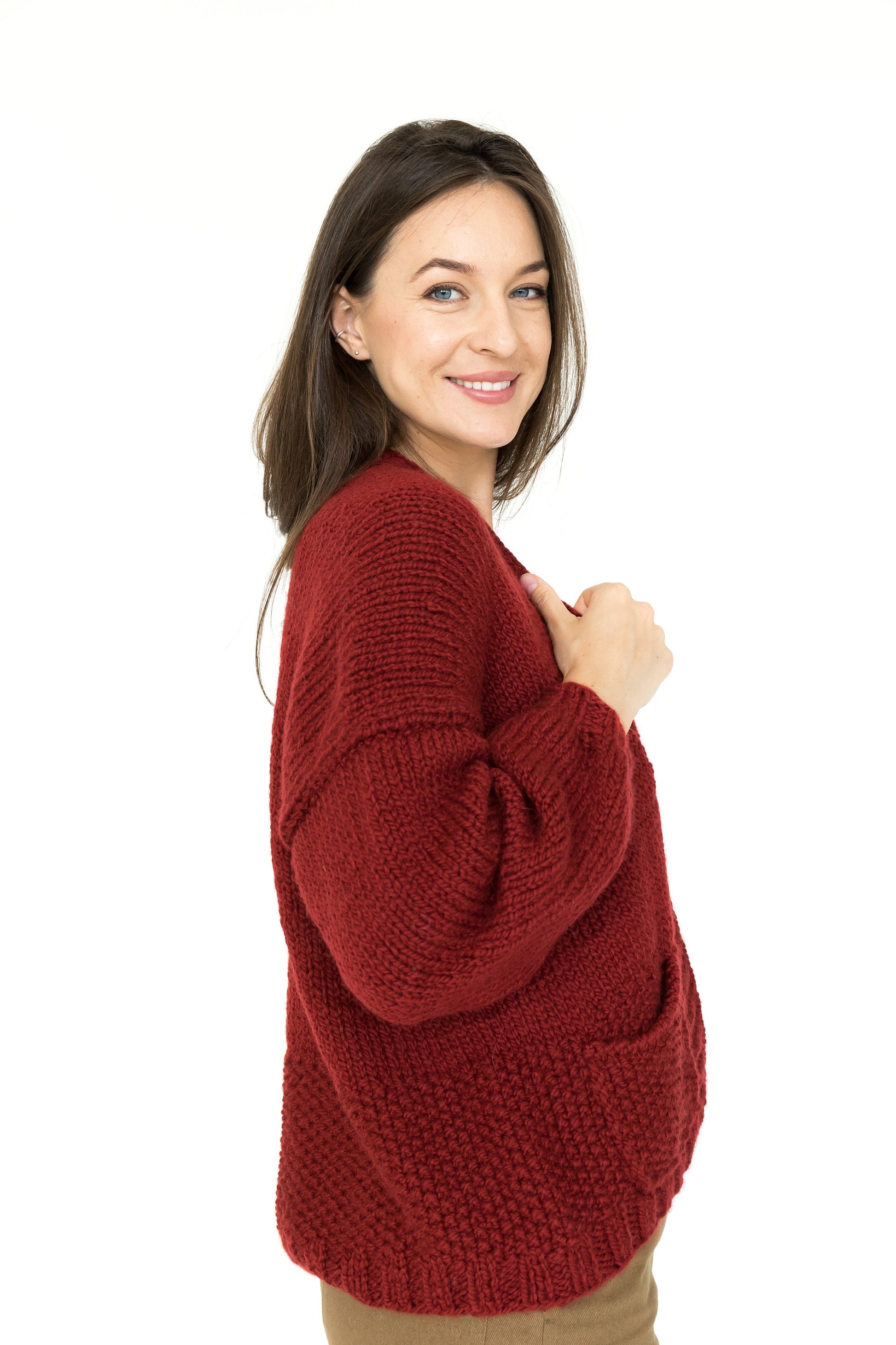 Bordeaux Chunky Knit Alpaca Wool Cardigan With Pockets, Slightly Oversized Burgundy Cable Knitted Jacket, Handmade Wool Cardigan For Women