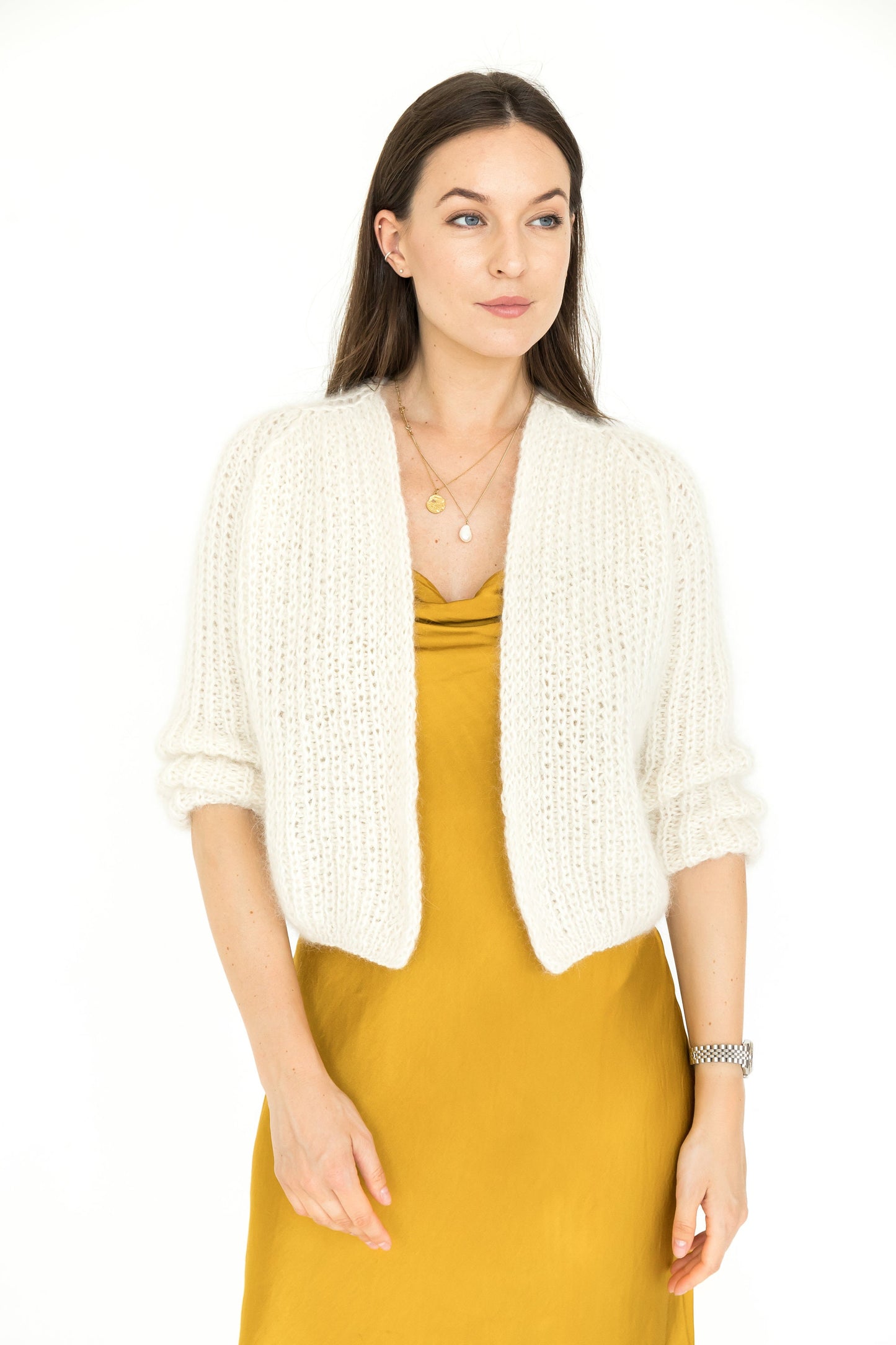 White cropped mohair wool cable knit cardigan, ivory short alpaca fluffy chunky knitted sweater, milky high-waisted fuzzy jacket for wedding