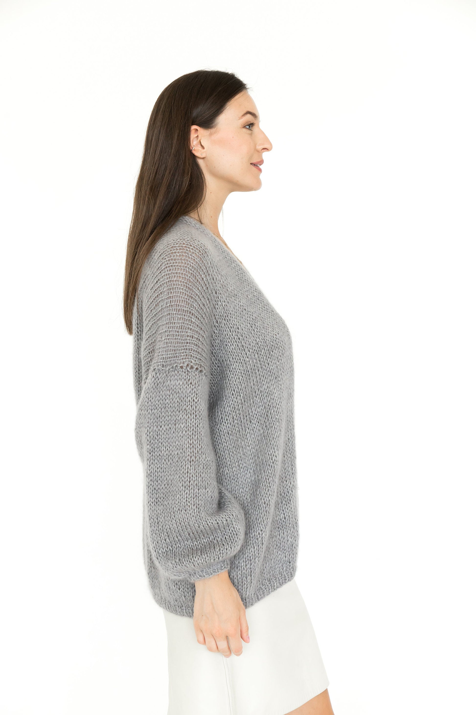 Light gray chunky knitted thick fluffy mohair cardigan, grey cable knit fuzzy handmade alpaca wool sweater,relaxed boho style fall gilet xxl