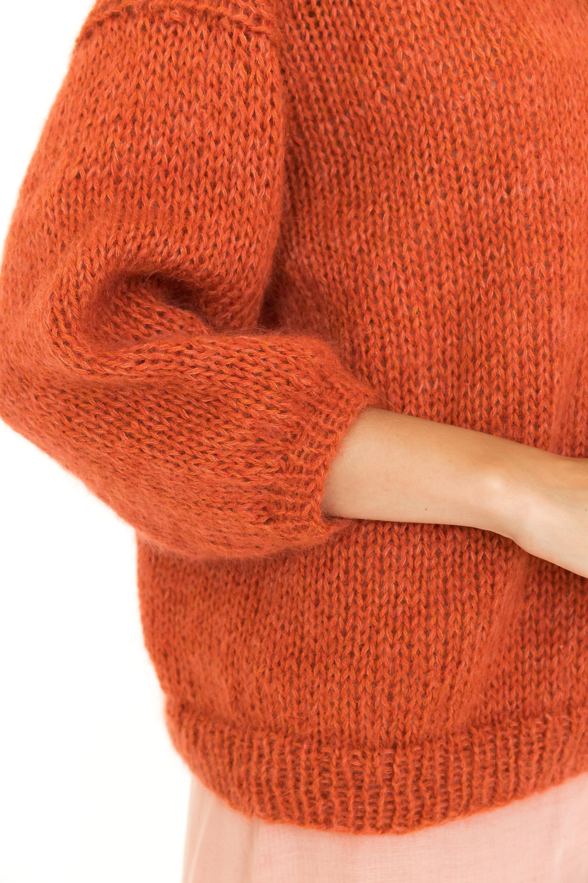 Burned orange mohair sweater, fuzzy rust alpaca knitted pullover, carrot color relaxed oversized jumper, fluffy cable knit sweater for women