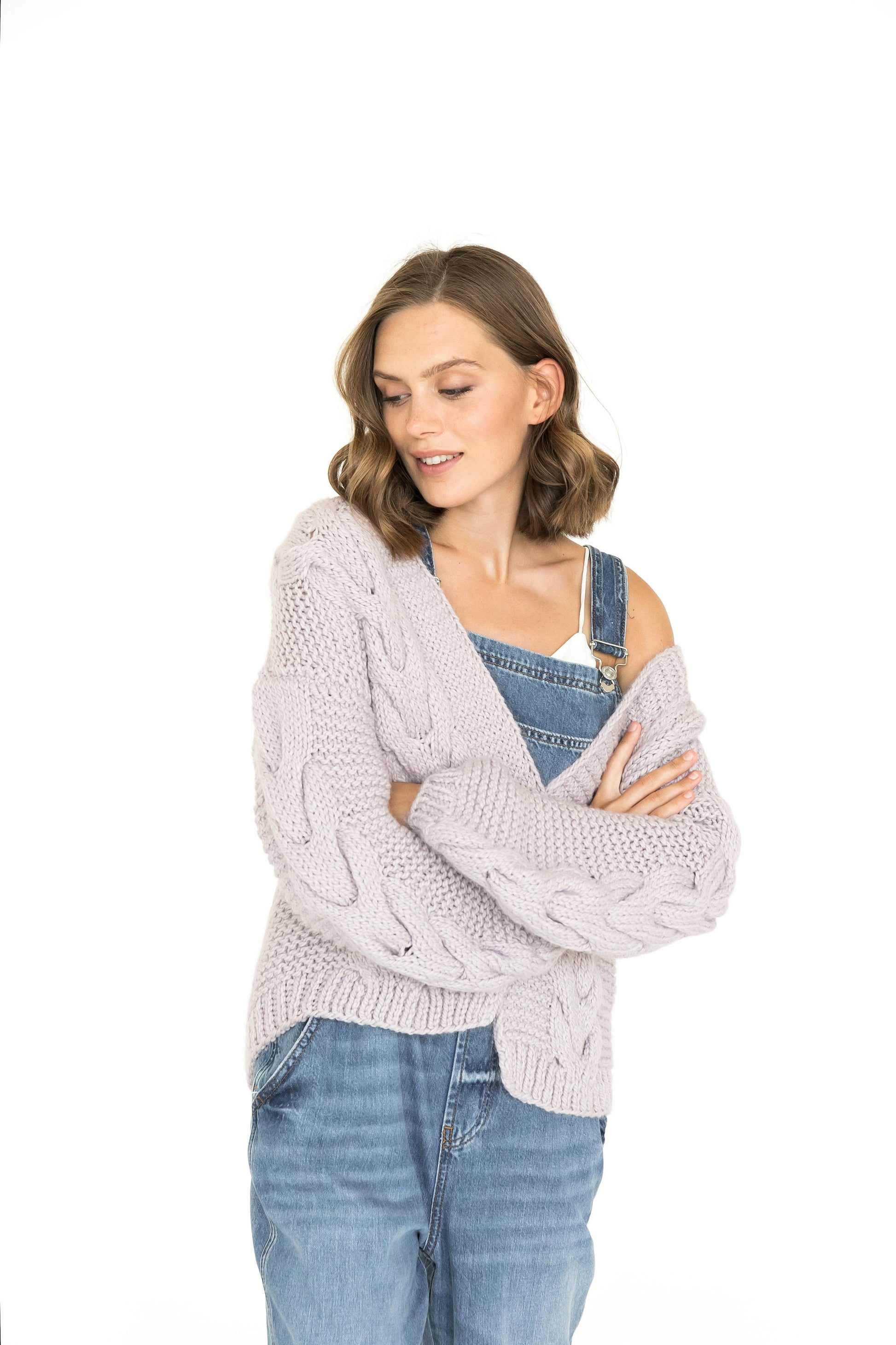 Light purple calbe knit cardigan, chunky knit cardigan, oversized alpaca and wool sweater.